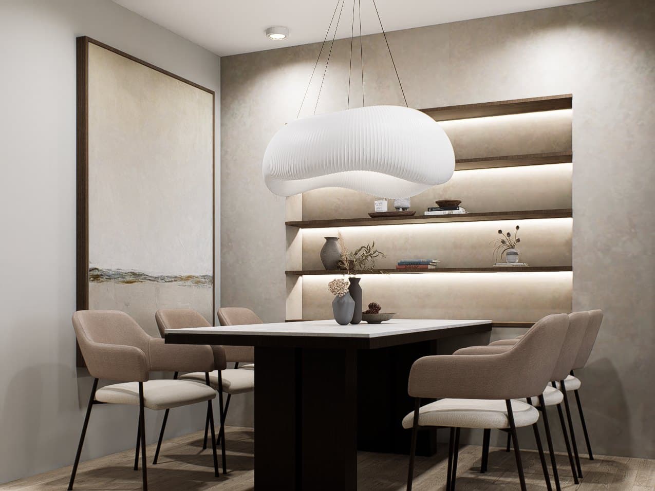A dining setting under a sculptural pendant, anchored by an oak table and tonal seating.