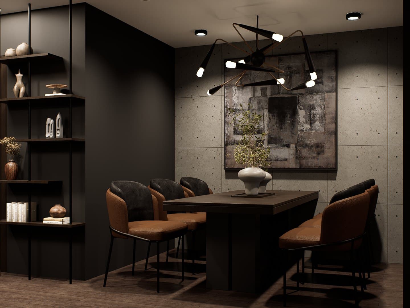 A dining setting under a sculptural pendant, anchored by an oak table and tonal seating.