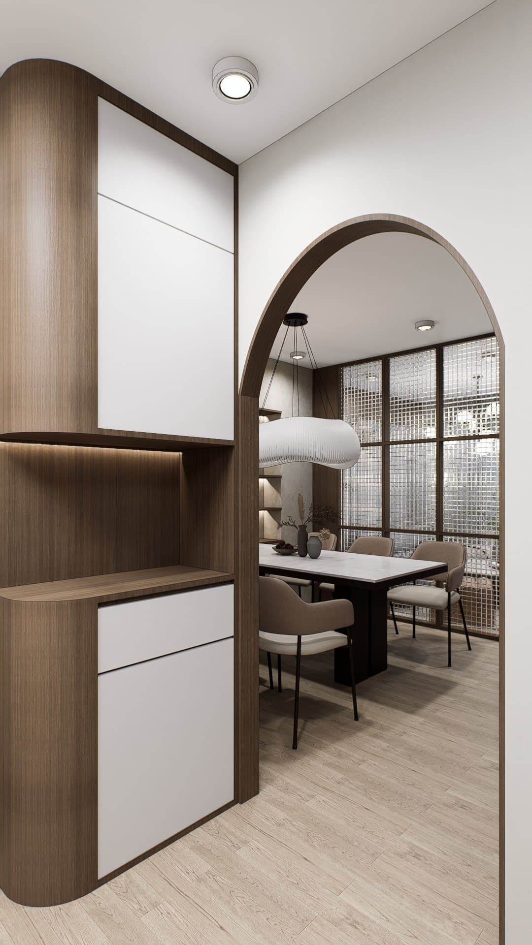 An entry corridor with concealed wardrobe doors and a calm tonal palette opening into the living room.