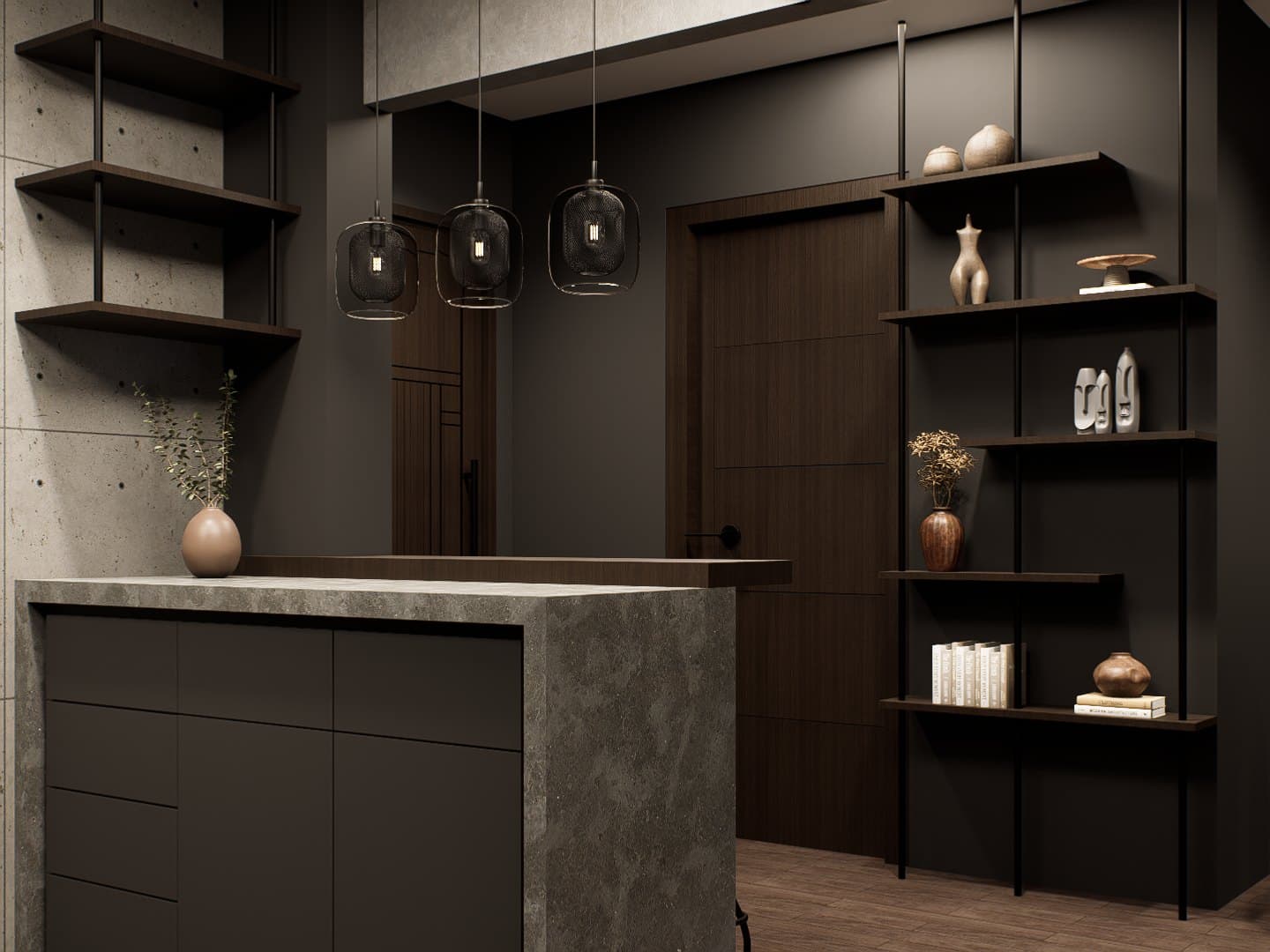 A galley kitchen with quartz counters, concealed tall storage and warm overhead lighting.