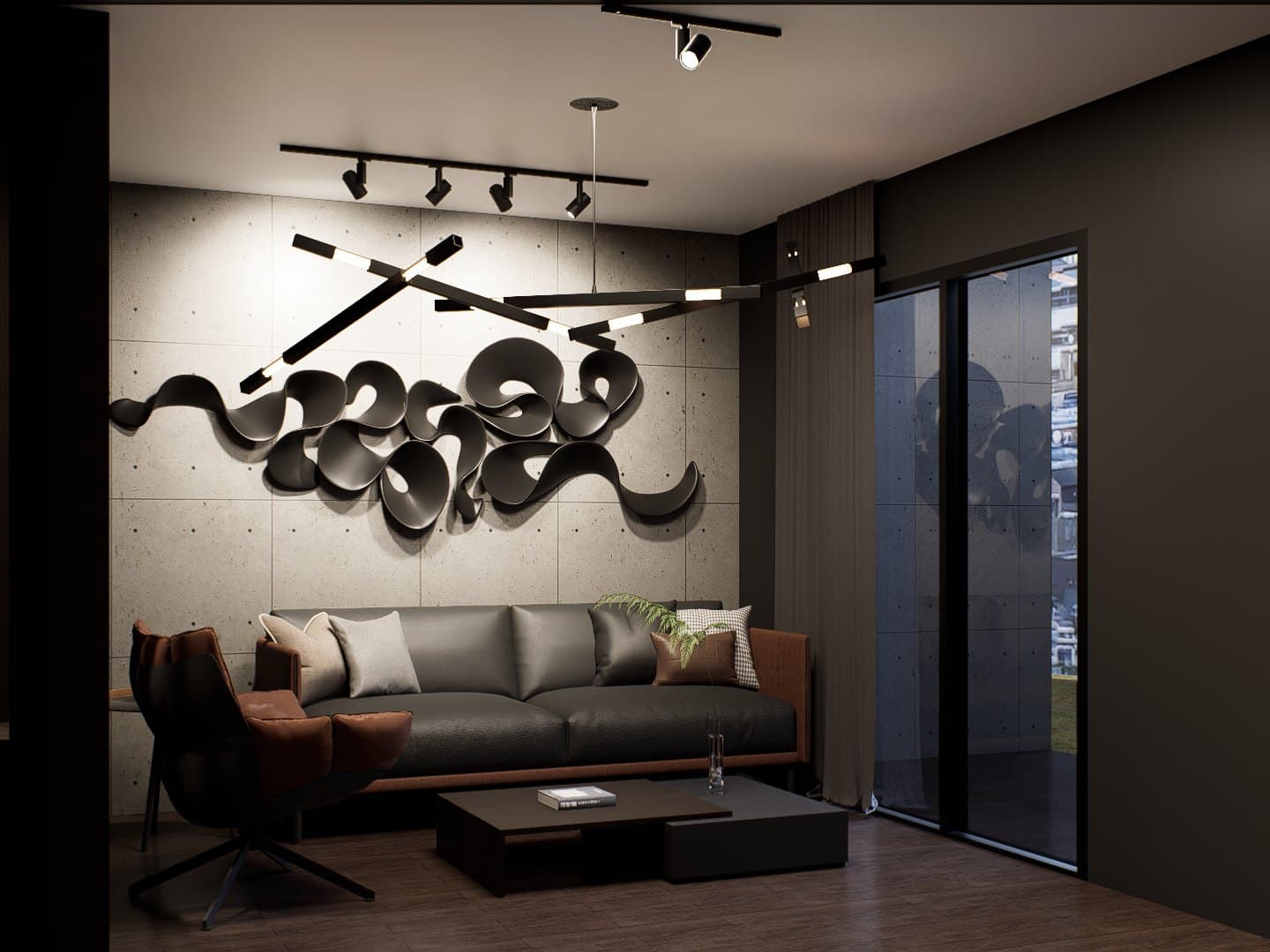 A living room arranged around a sectional sofa and feature TV wall, with cove lighting and tonal styling.