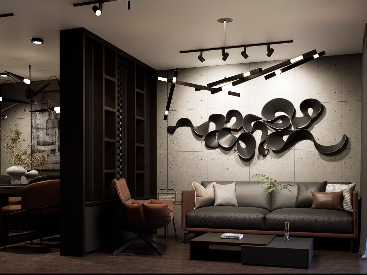 A living room arranged around a sectional sofa and feature TV wall, with cove lighting and tonal styling.