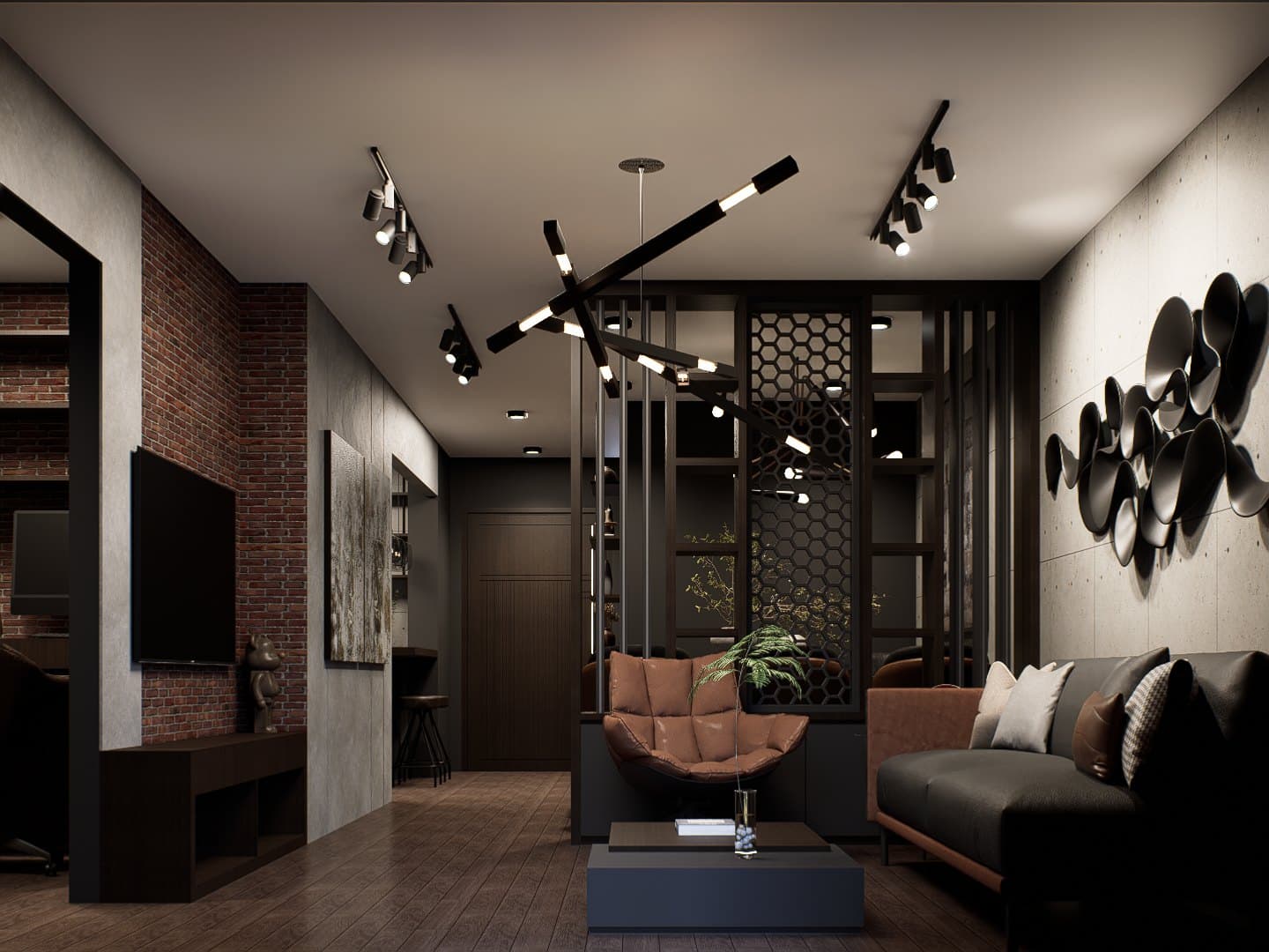 A living room arranged around a sectional sofa and feature TV wall, with cove lighting and tonal styling.