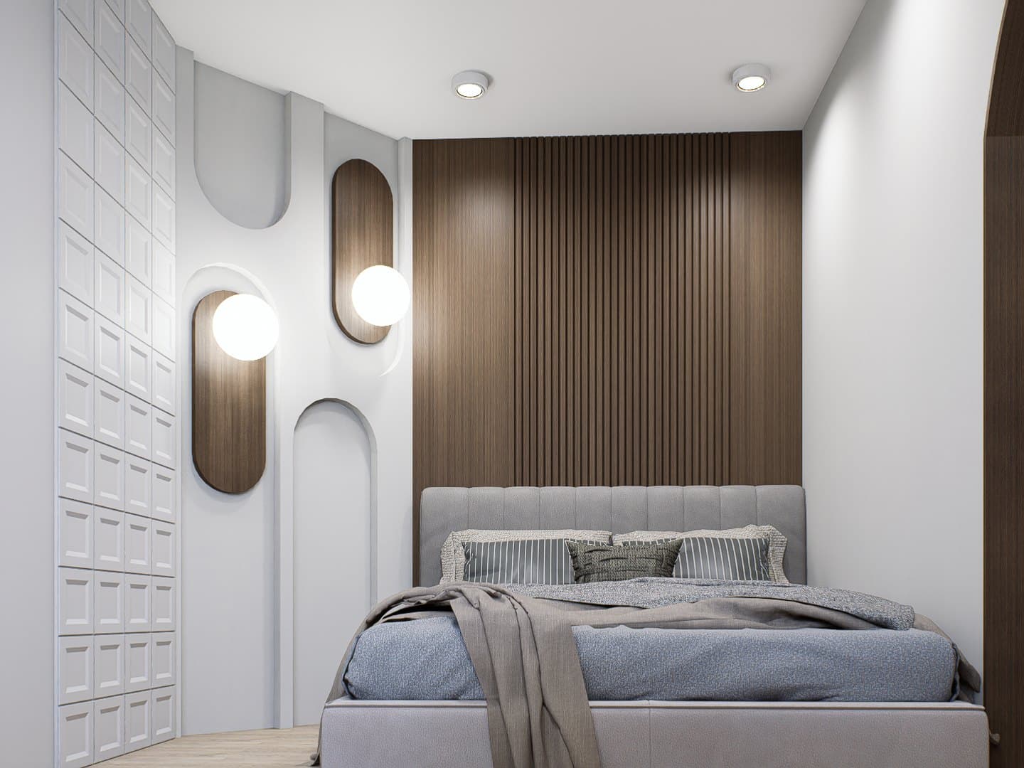 A master bedroom framed by a panelled headboard wall, paired with a platform bed and tonal bedside styling.