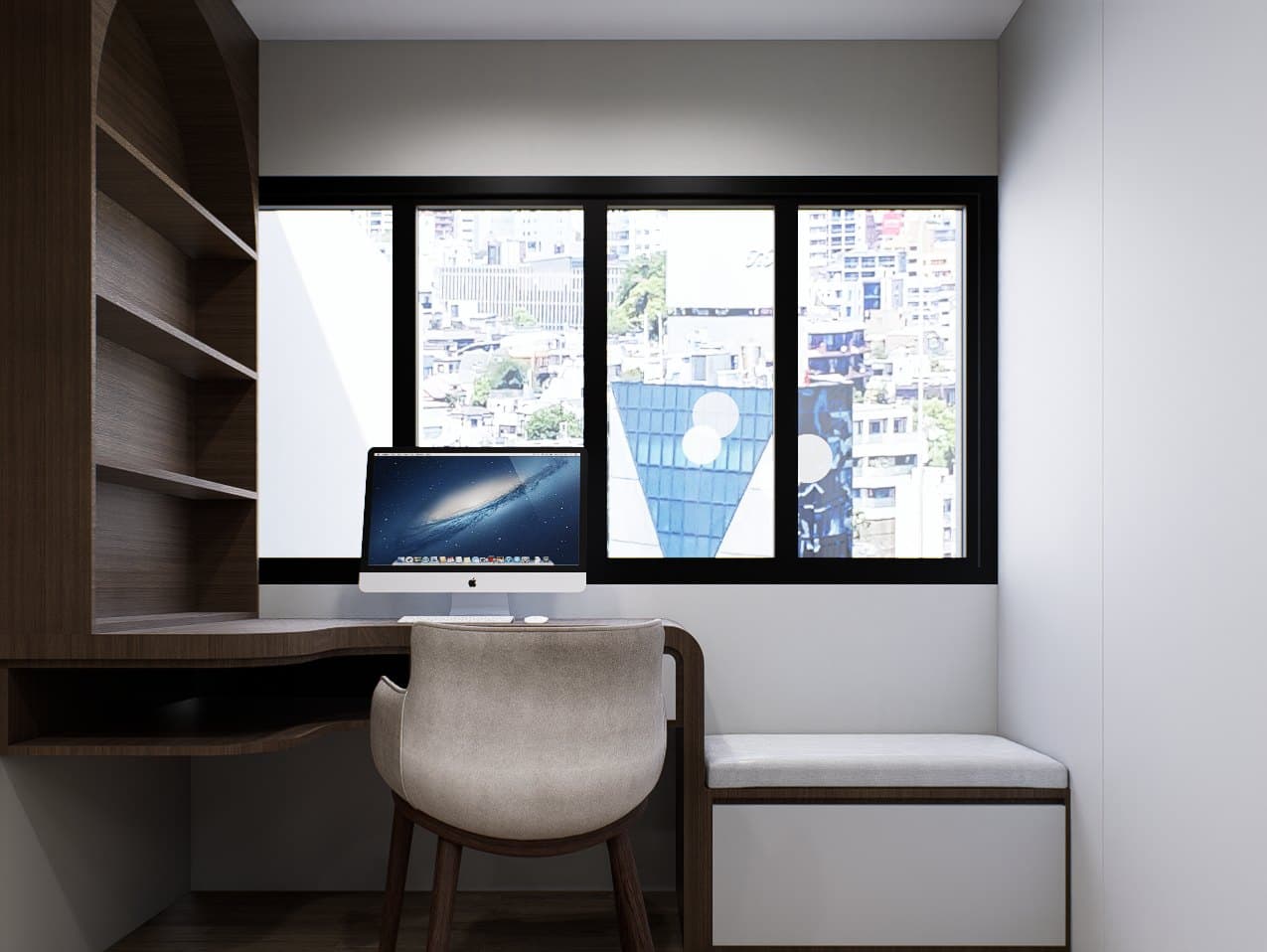 A built-in study nook off the master suite, finished in oak with a leather chair and brass-arm desk lamp.