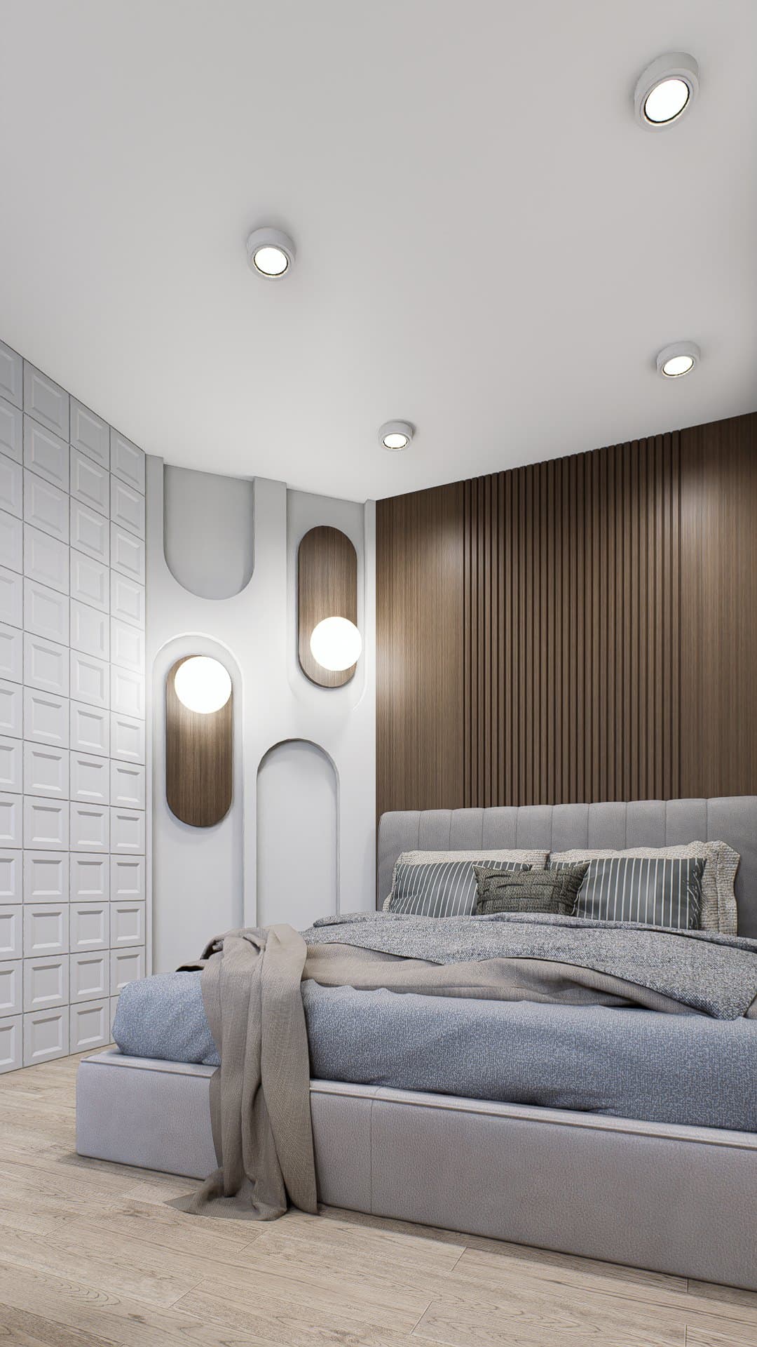 A master bedroom framed by a panelled headboard wall, paired with a platform bed and tonal bedside styling.