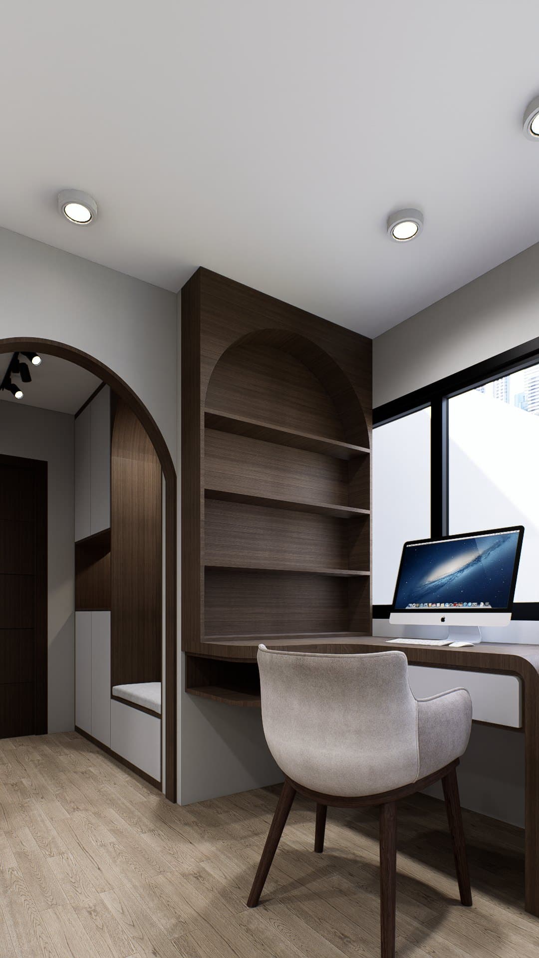 A master bedroom framed by a panelled headboard wall, paired with a platform bed and tonal bedside styling.