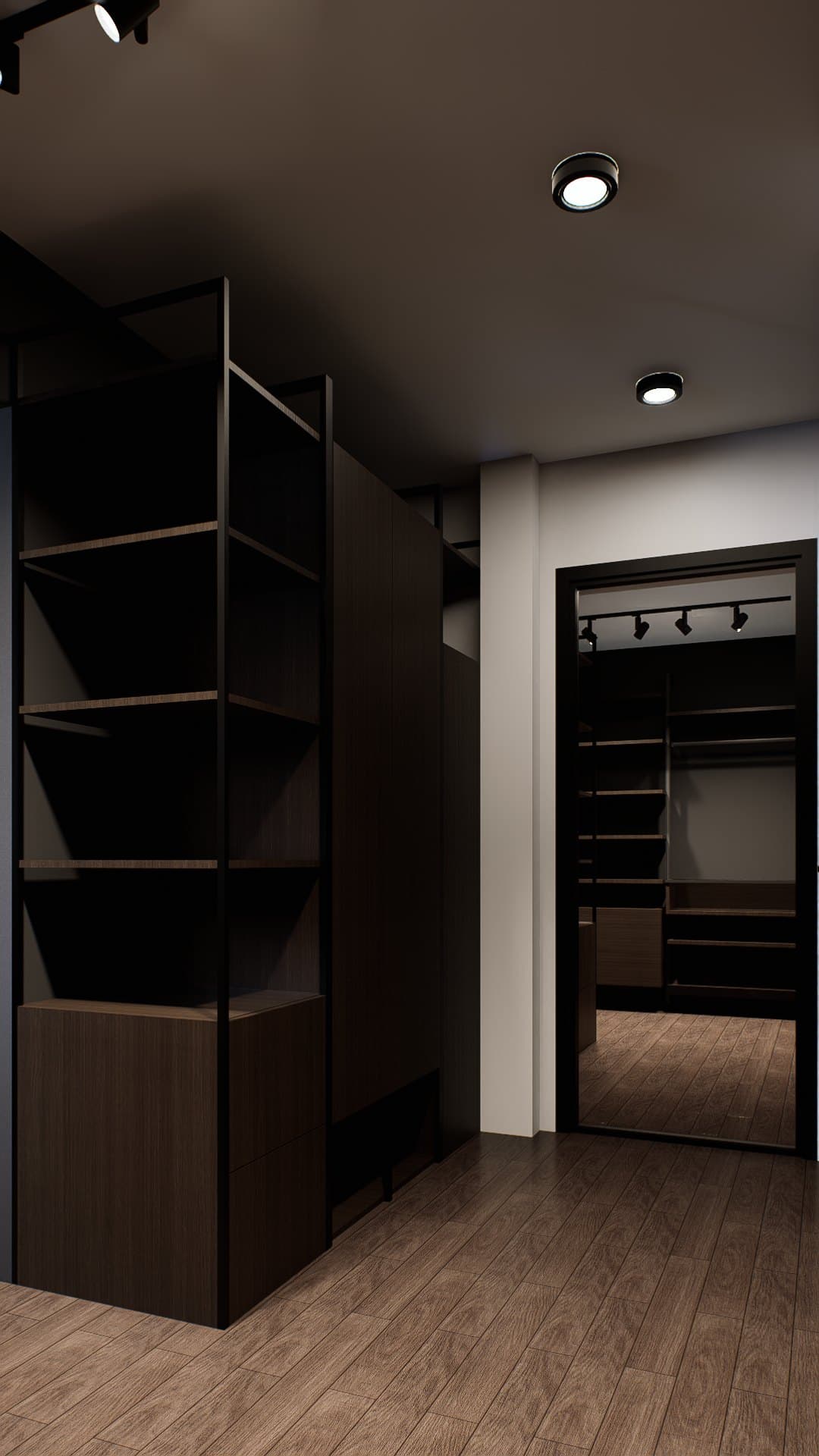 A walk-in closet lined in oak veneer, with full-height wardrobe doors and a recessed dressing console.