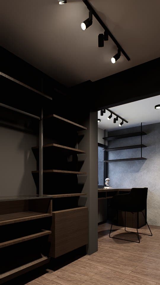 A walk-in closet lined in oak veneer, with full-height wardrobe doors and a recessed dressing console.