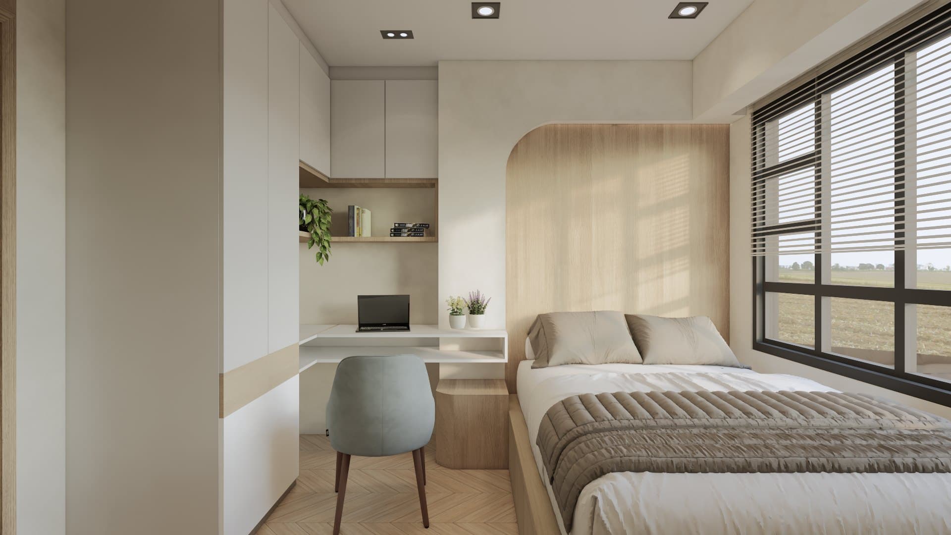 A bedroom in a calm tonal palette, dressed with a platform bed, built-in wardrobe and quiet bedside styling.