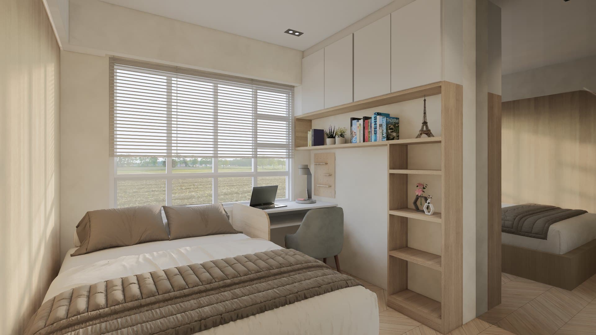 A bedroom in a calm tonal palette, dressed with a platform bed, built-in wardrobe and quiet bedside styling.