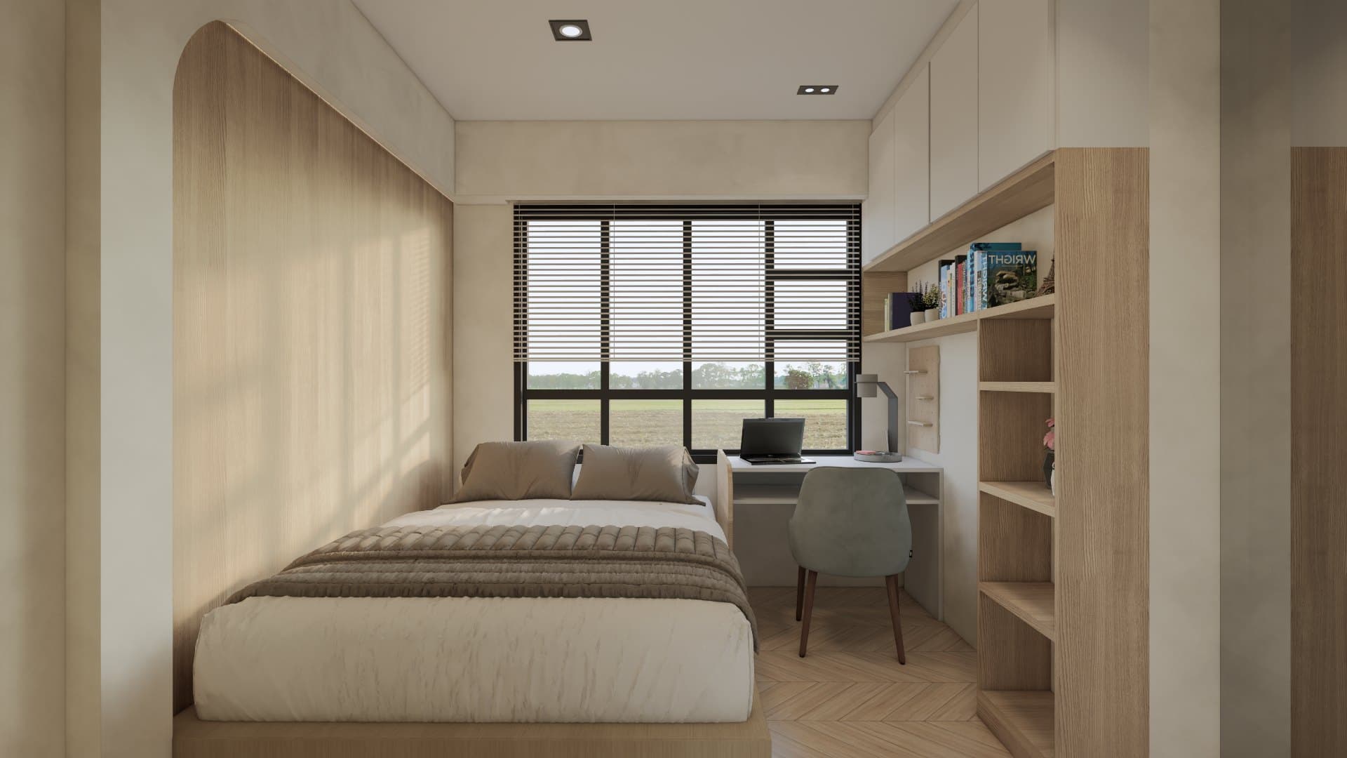 A bedroom in a calm tonal palette, dressed with a platform bed, built-in wardrobe and quiet bedside styling.
