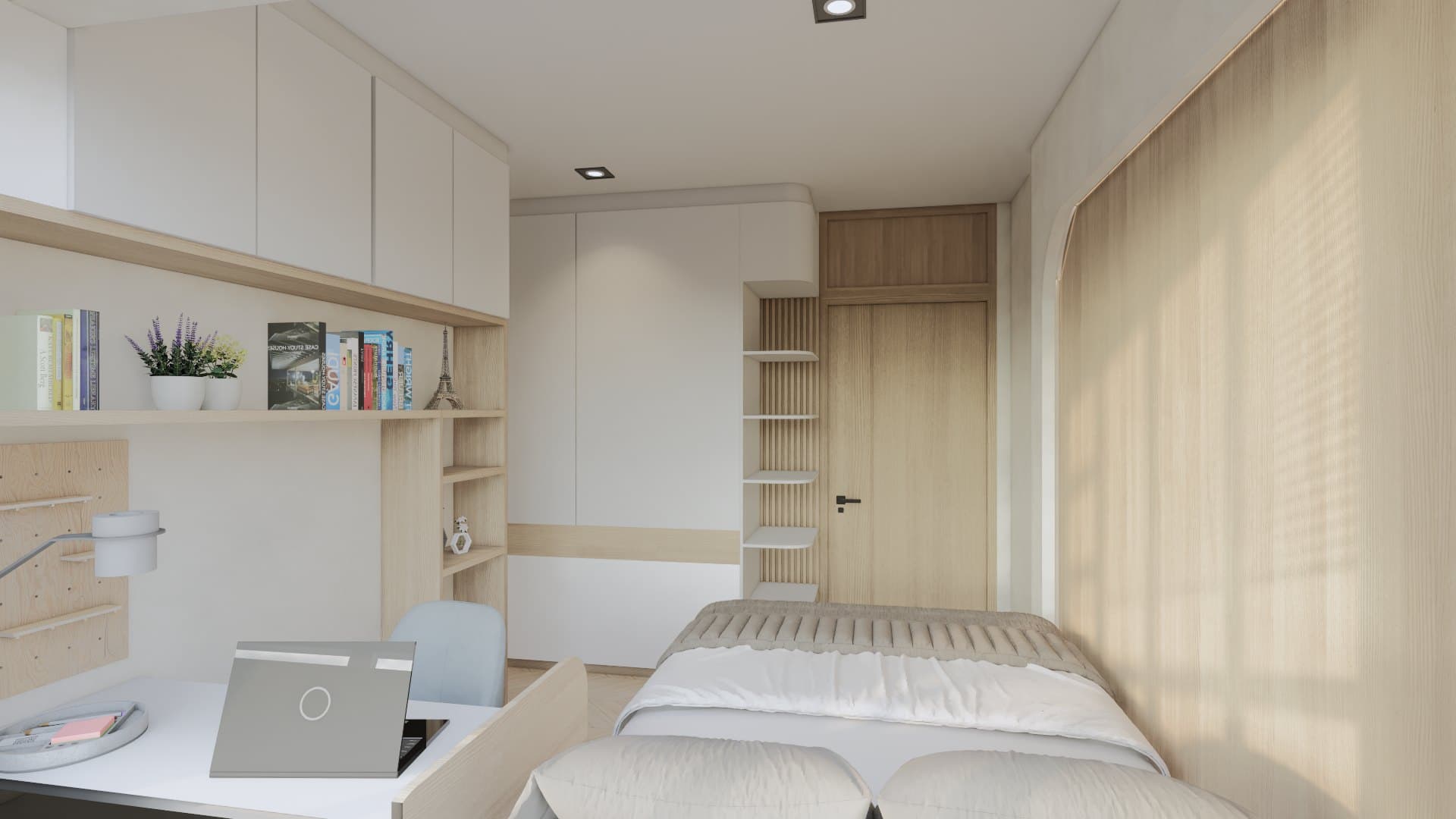 A bedroom in a calm tonal palette, dressed with a platform bed, built-in wardrobe and quiet bedside styling.