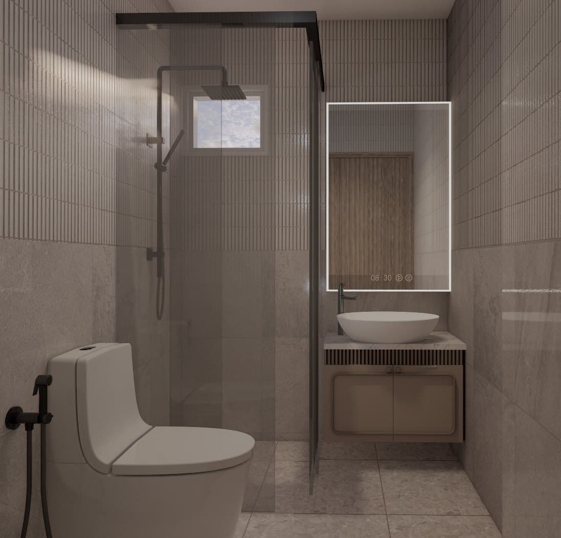 A common bathroom in tonal tile, with a wall-mounted vanity, glass shower screen and warm pendant lighting.