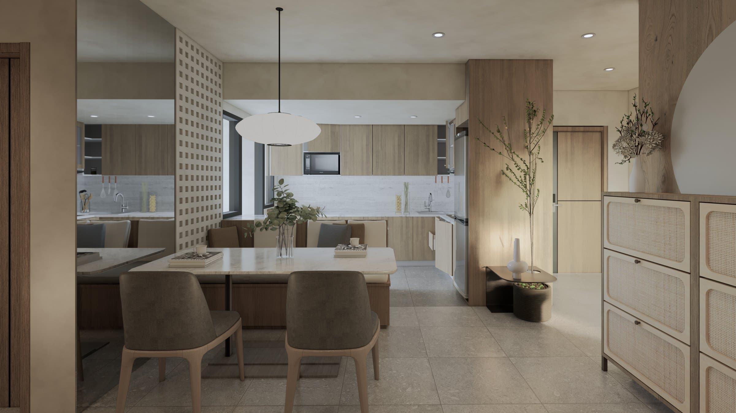A dining nook framed by a feature wall and pendant lighting, with timber chairs and a calm tonal palette.