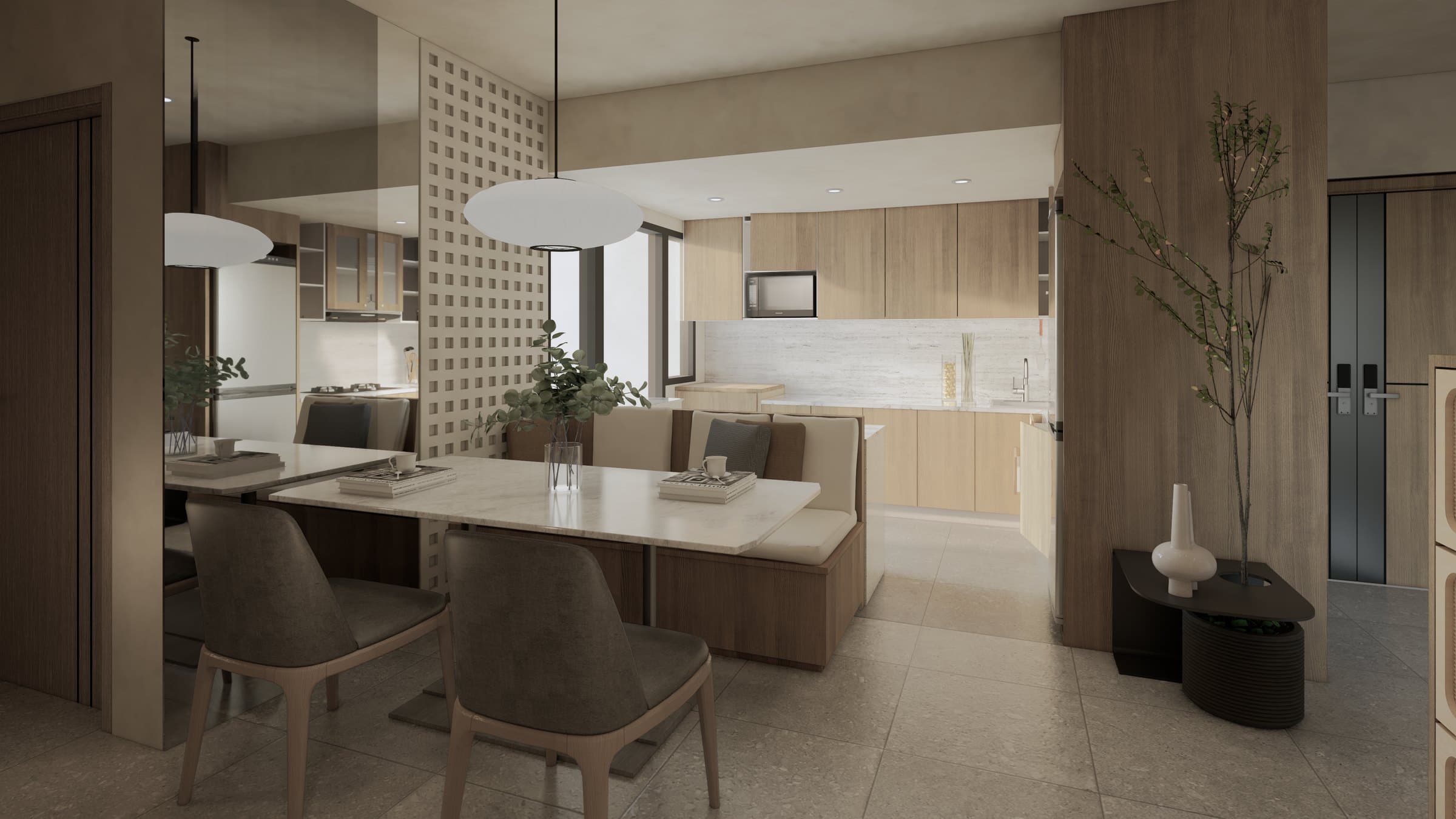 A kitchen-and-dining room sharing a single open volume, with quartz counters and warm pendant lighting overhead.