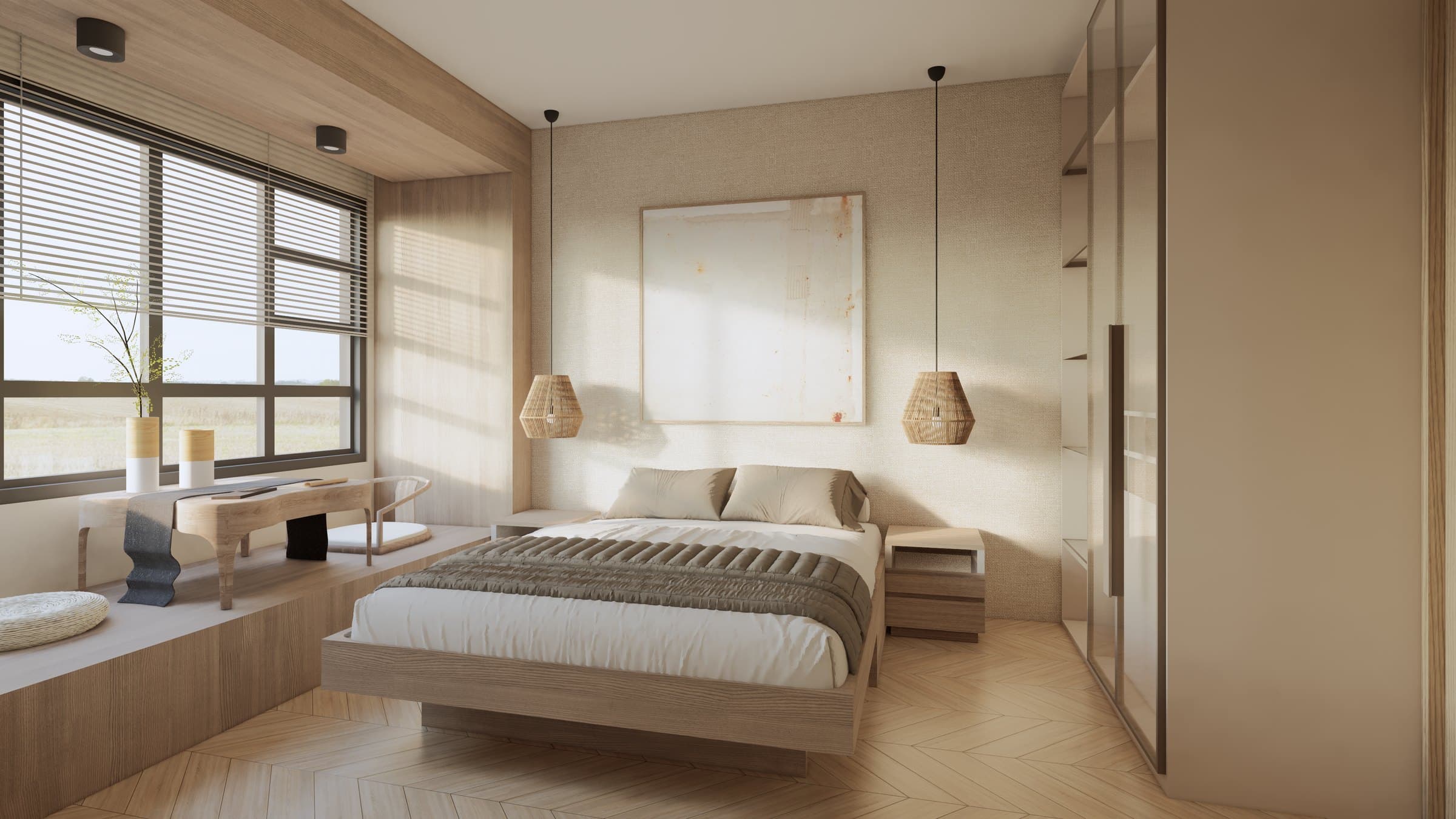 A main bedroom dressed in warm oak joinery and tonal upholstery, with concealed wardrobe panels and bedside lighting.