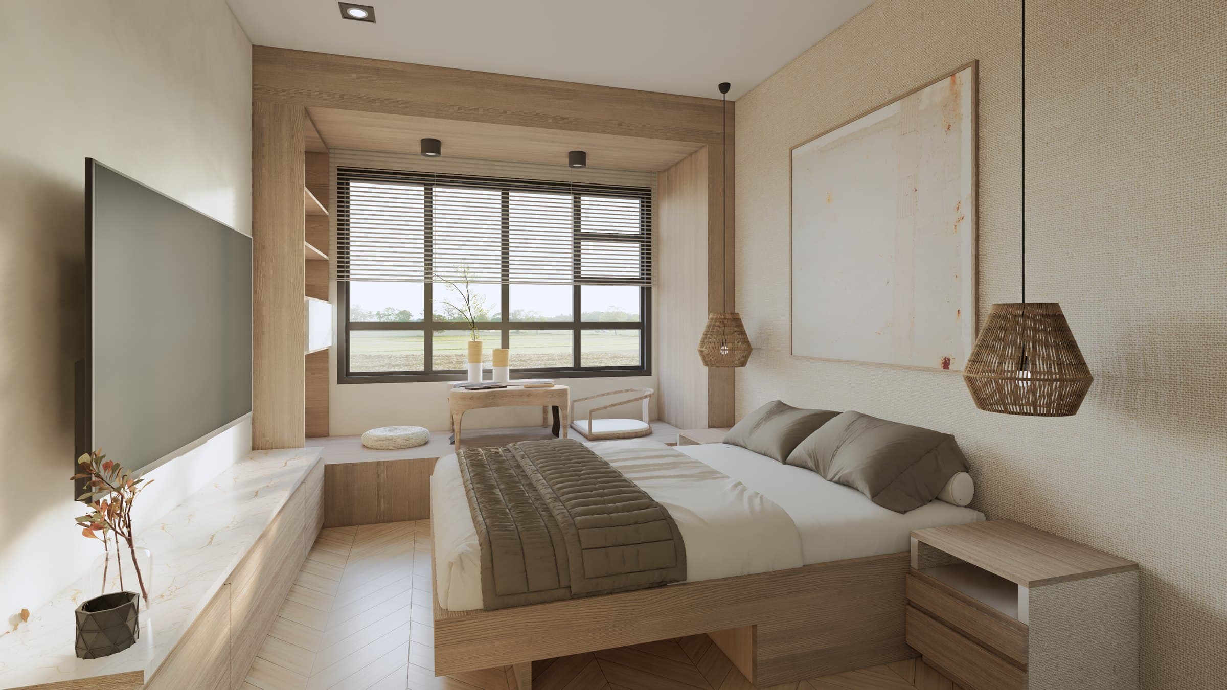 A main bedroom dressed in warm oak joinery and tonal upholstery, with concealed wardrobe panels and bedside lighting.