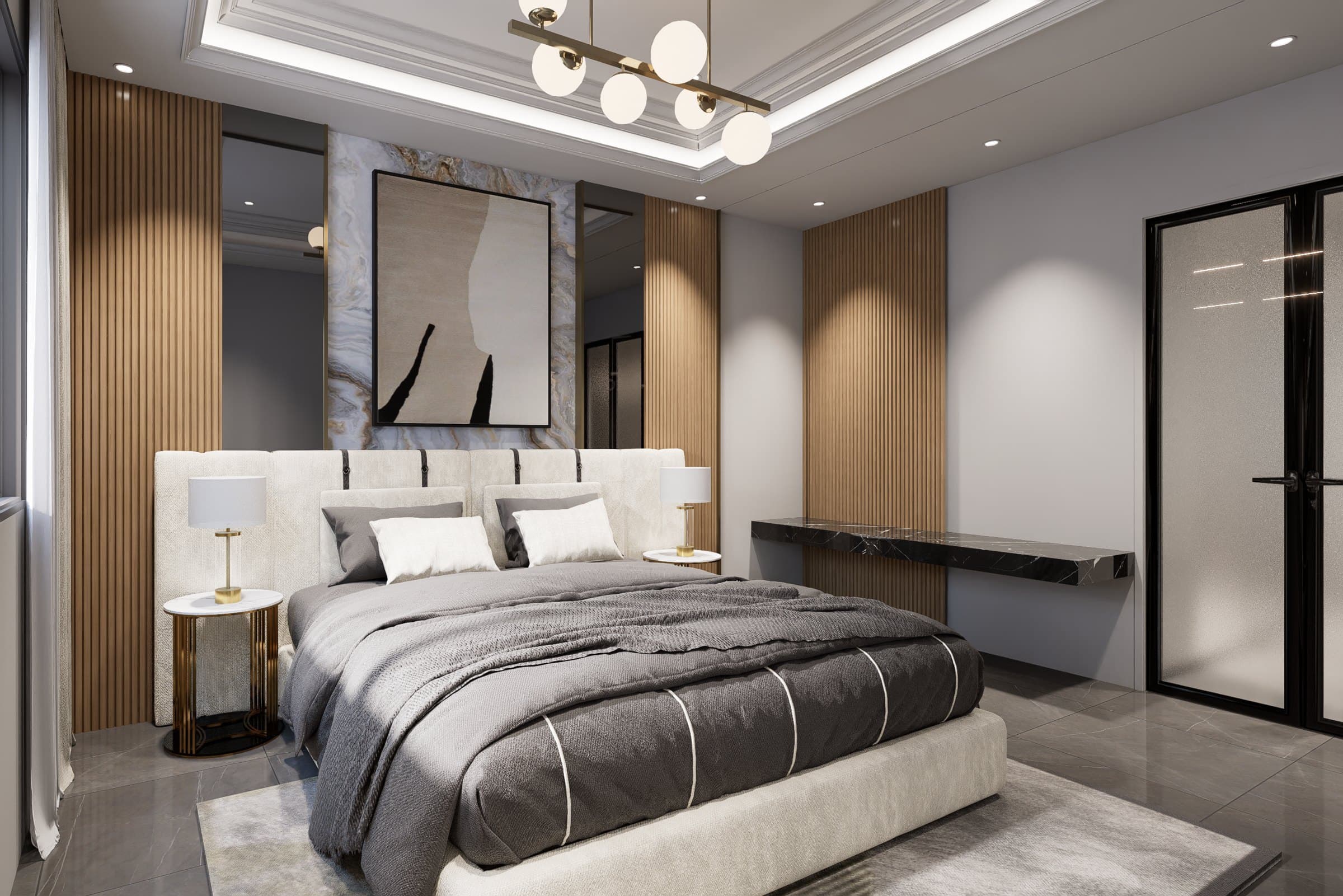 A bedroom in a calm tonal palette, dressed with a platform bed, built-in wardrobe and quiet bedside styling.