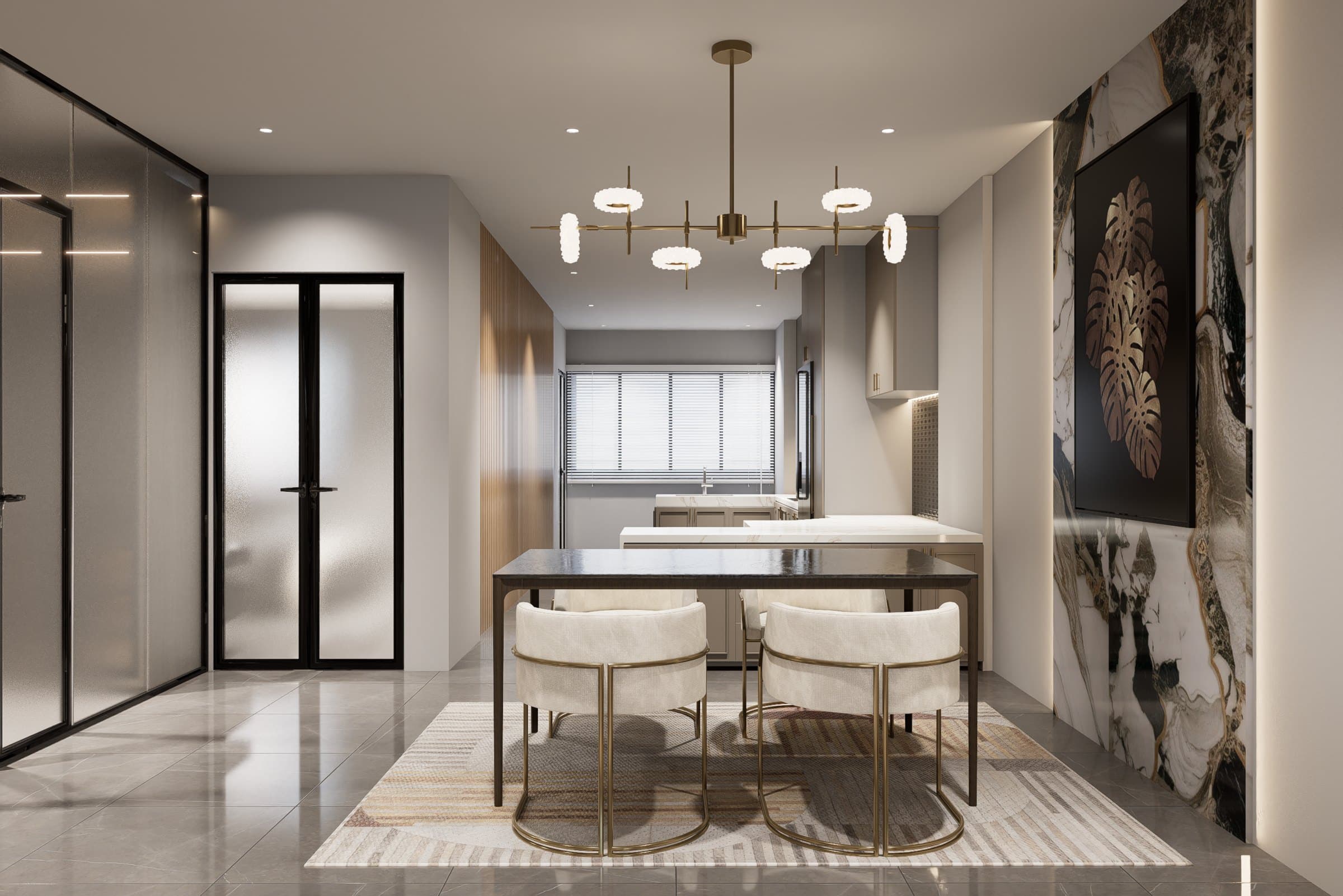 A dining setting under a sculptural pendant, anchored by an oak table and tonal seating.