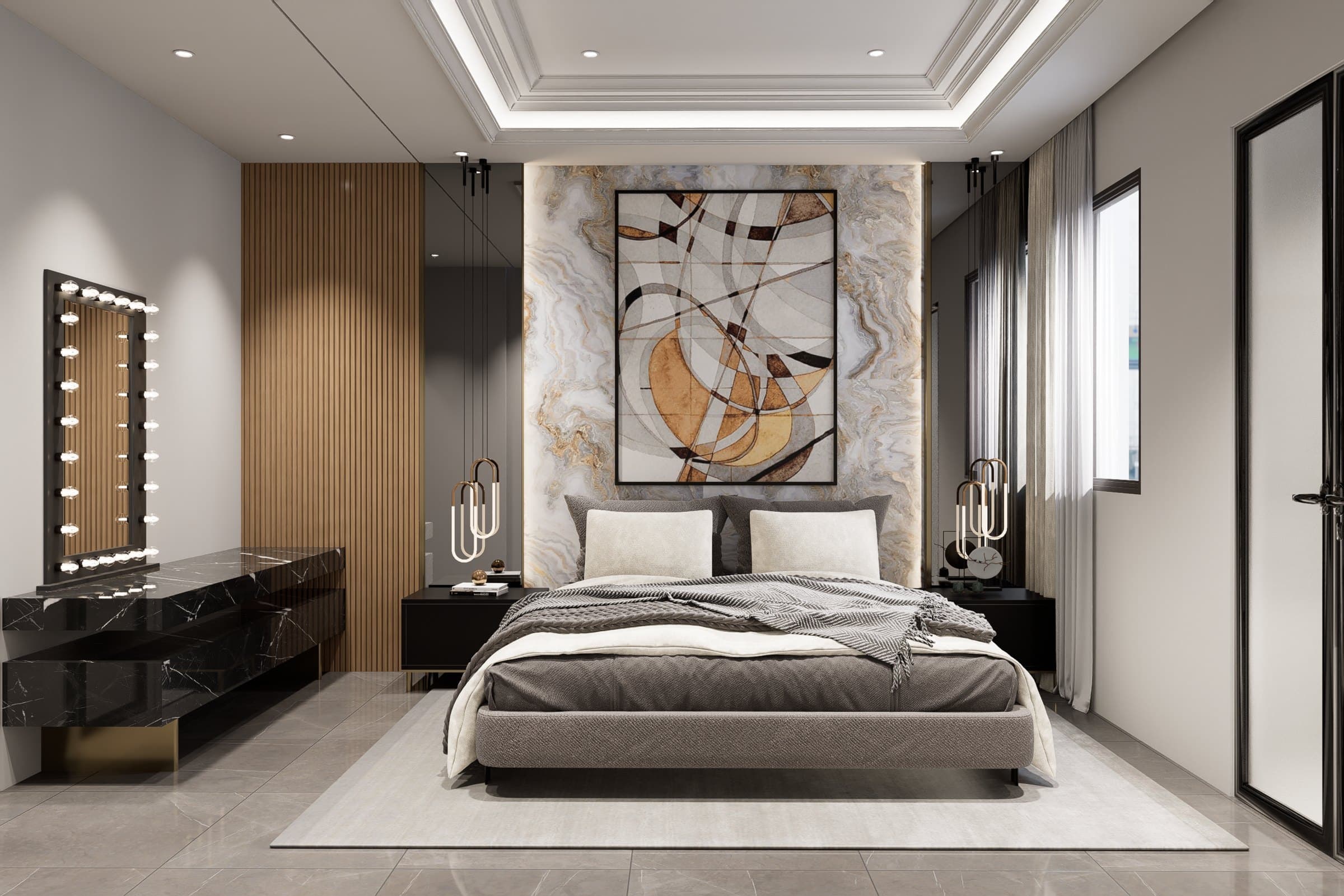 A master bedroom framed by a panelled headboard wall, paired with a platform bed and tonal bedside styling.