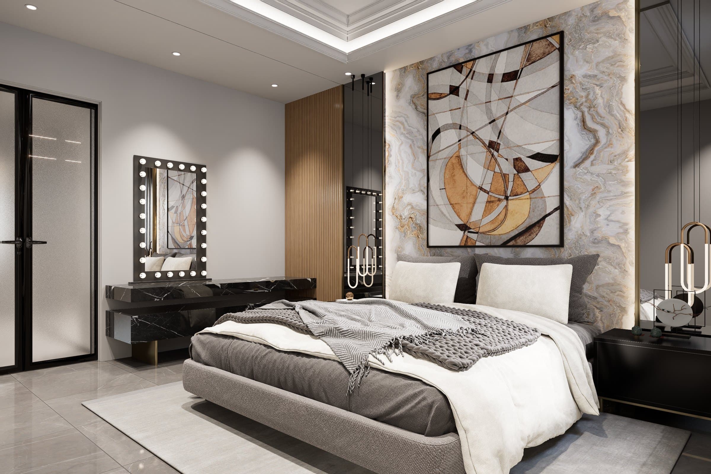 A master bedroom framed by a panelled headboard wall, paired with a platform bed and tonal bedside styling.