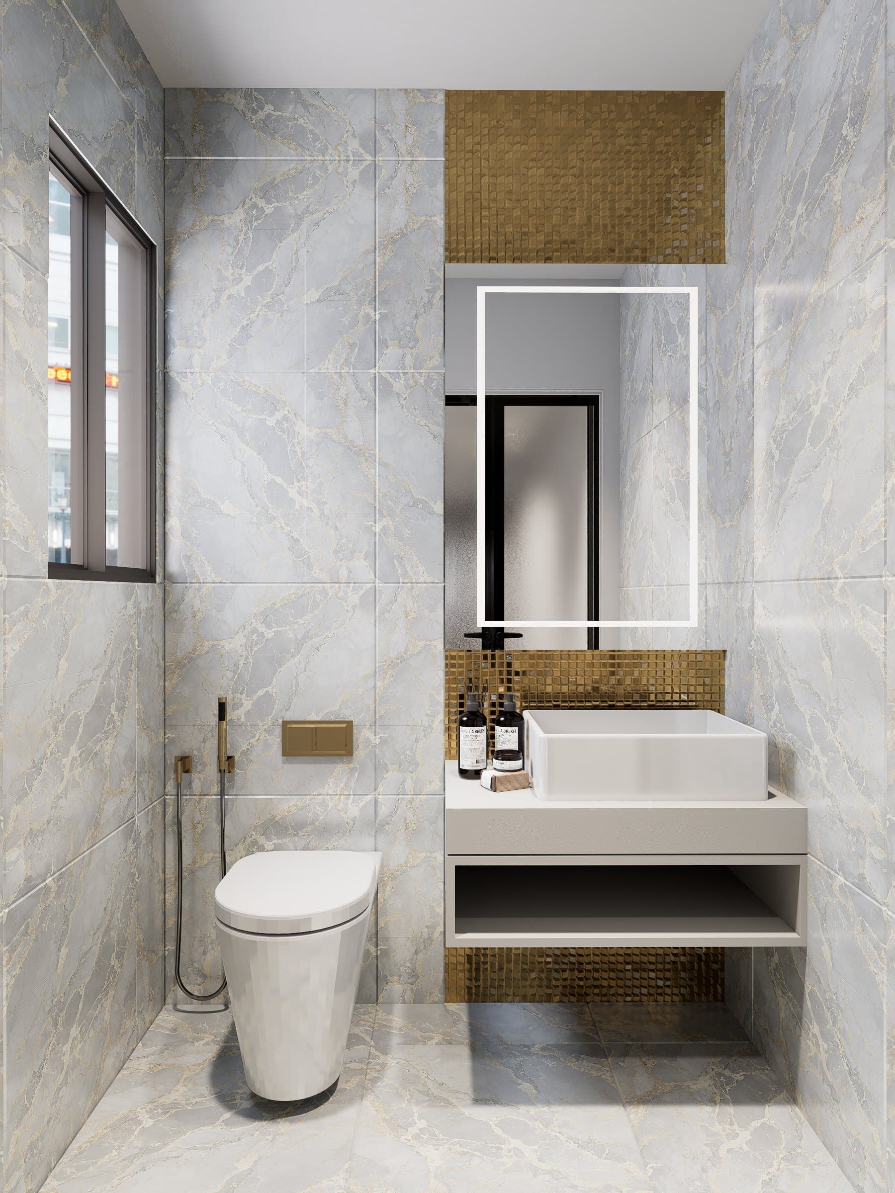 A master ensuite in pale stone, with a freestanding vanity, frameless shower and a recessed niche.