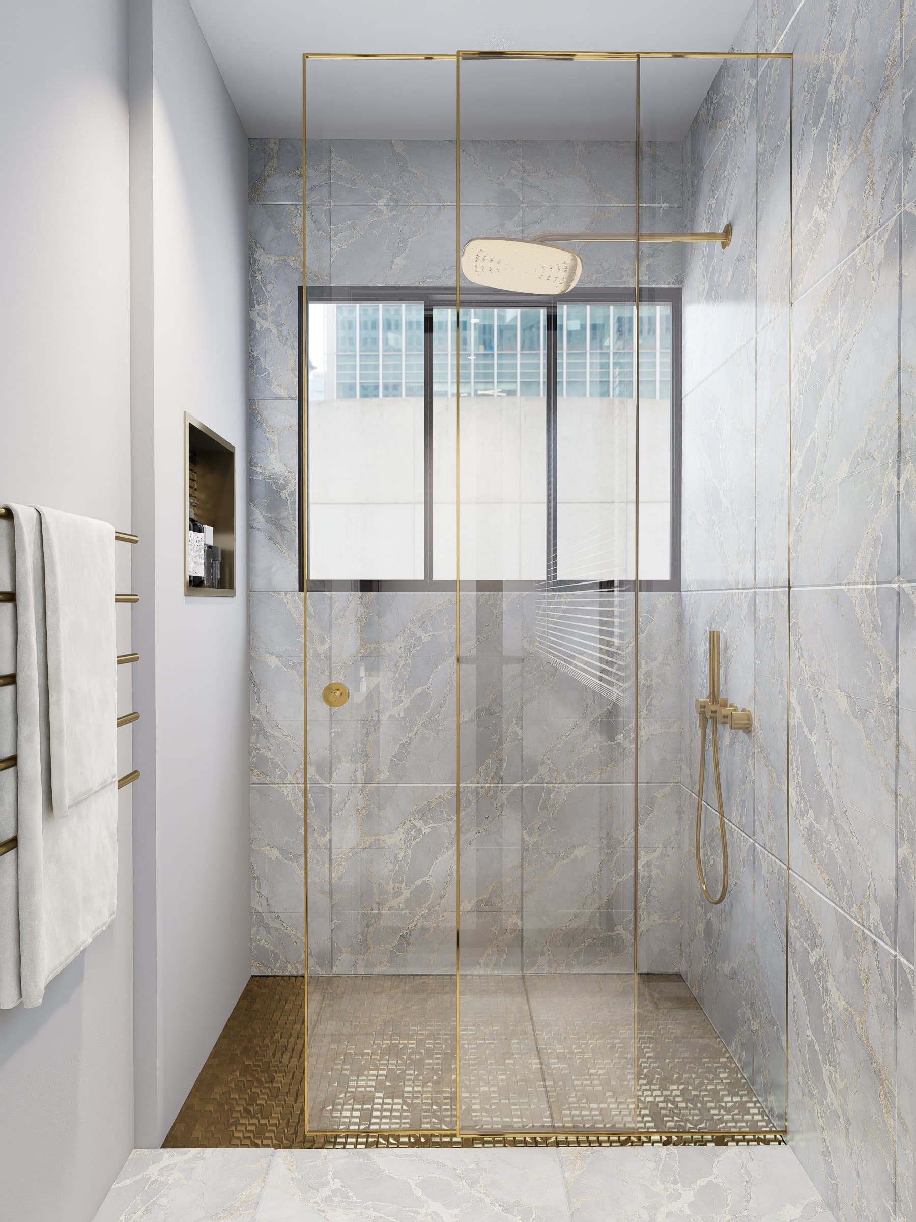 A walk-in shower stall finished in tonal tile, with a recessed niche and a rainshower head.