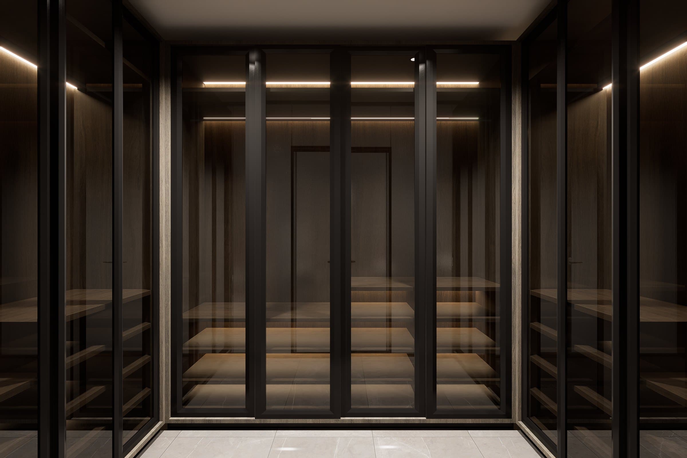A walk-in closet lined in oak veneer, with full-height wardrobe doors and a recessed dressing console.