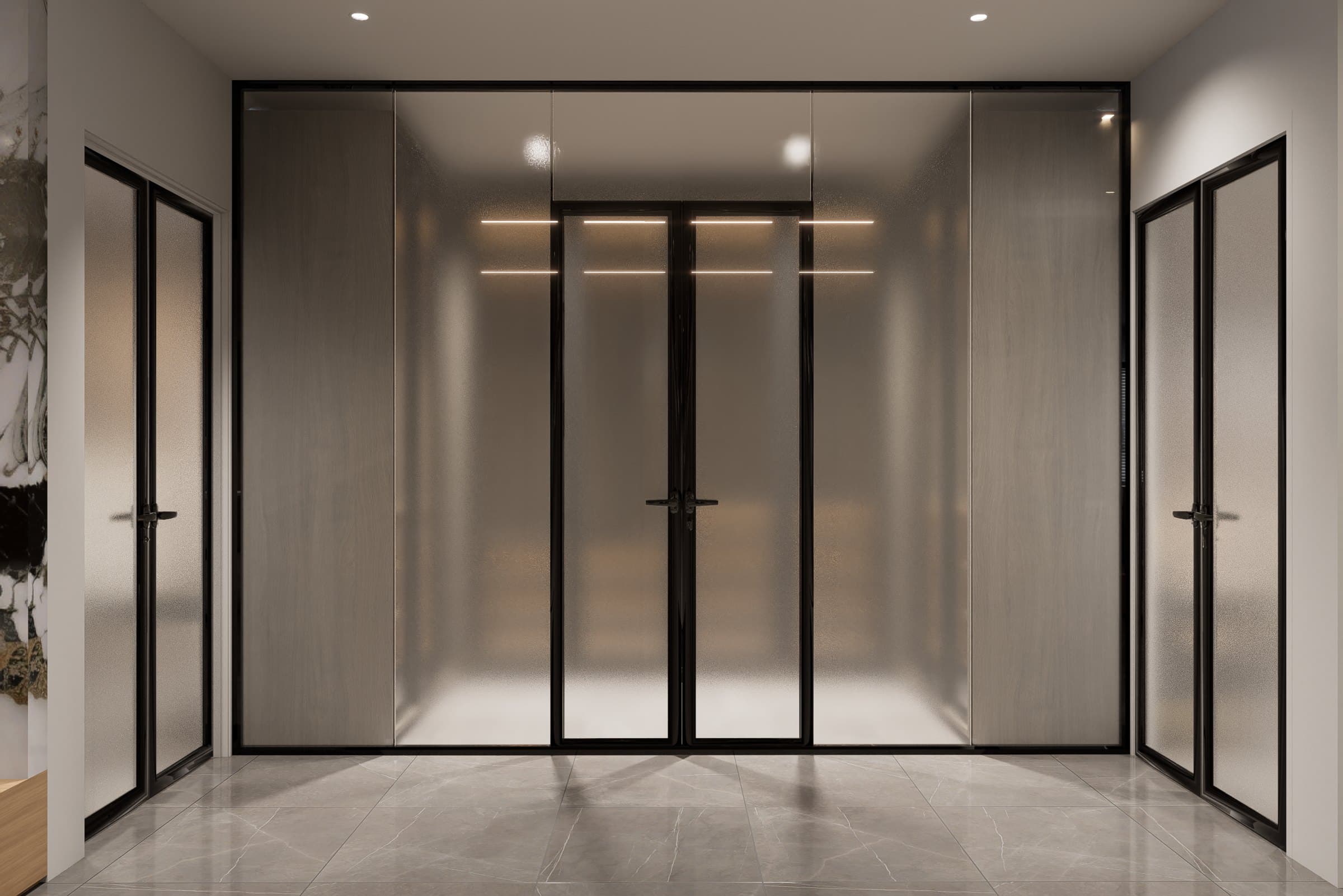 A walk-in closet lined in oak veneer, with full-height wardrobe doors and a recessed dressing console.