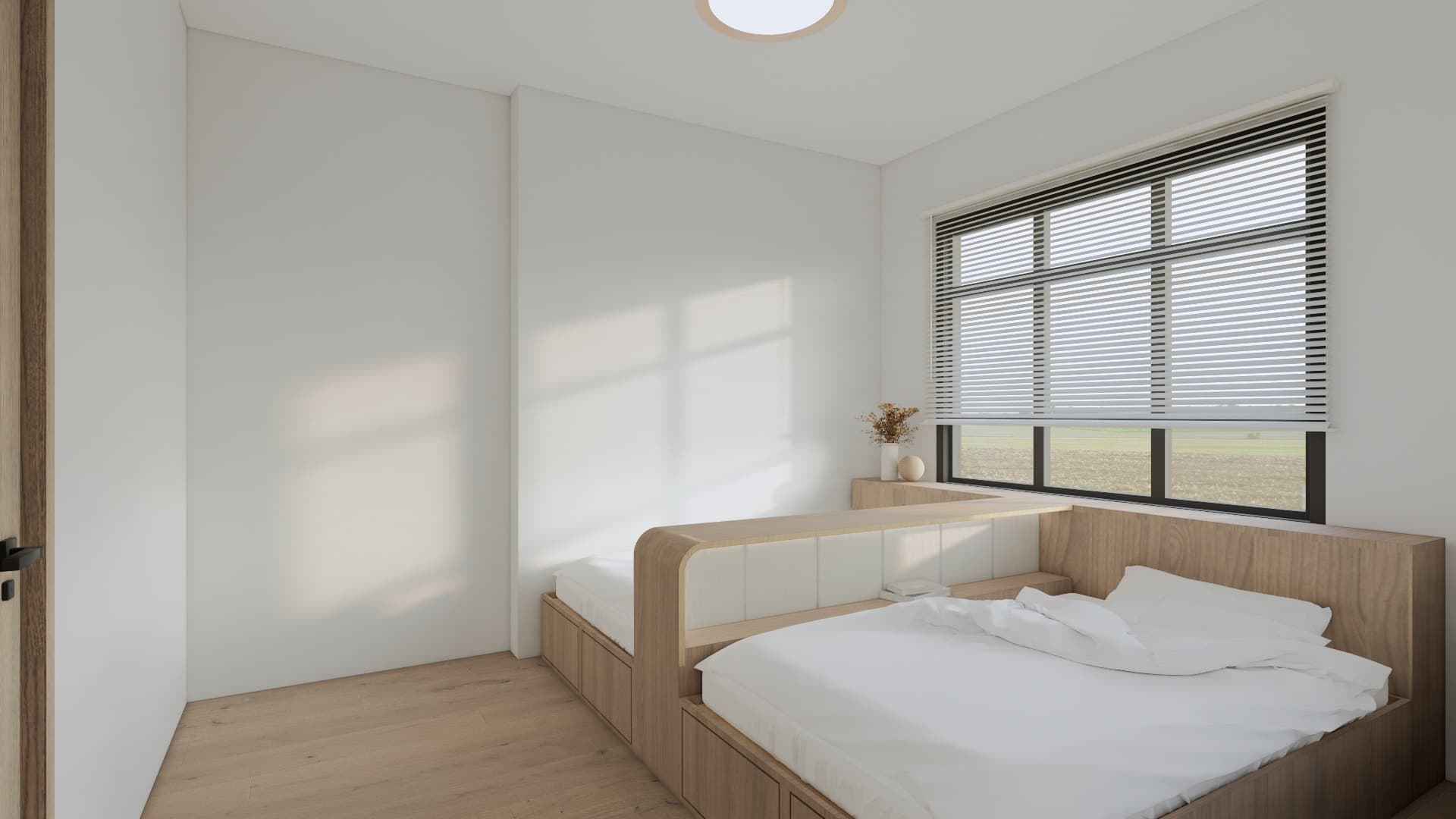 A bedroom in a calm tonal palette, dressed with a platform bed, built-in wardrobe and quiet bedside styling.