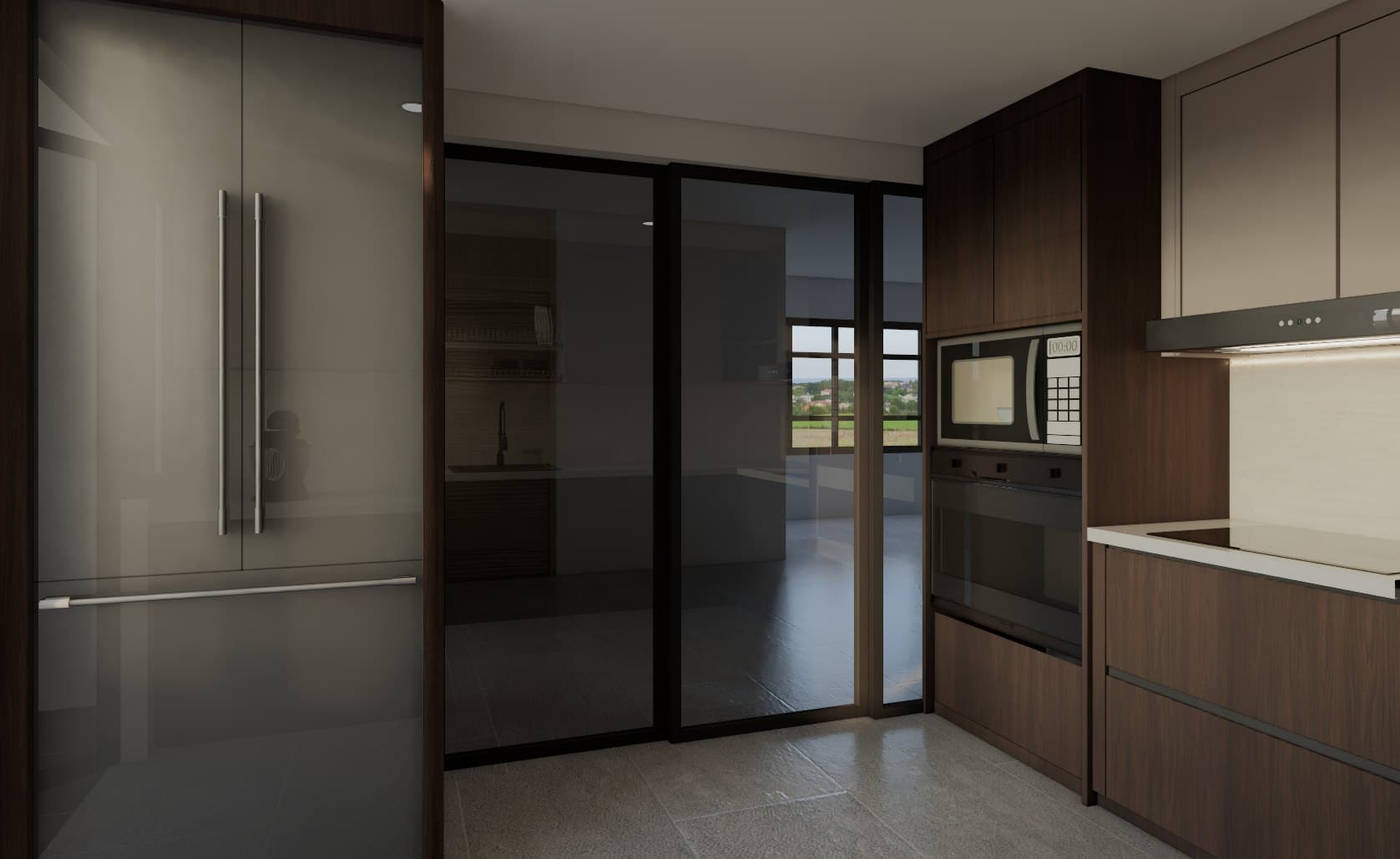 A galley kitchen with quartz counters, concealed tall storage and warm overhead lighting.