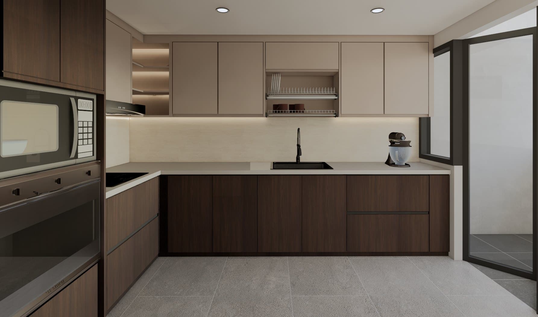 A galley kitchen with quartz counters, concealed tall storage and warm overhead lighting.