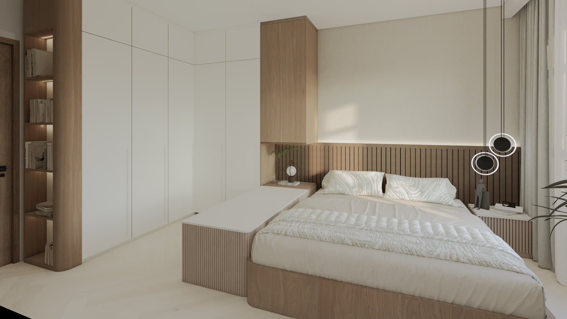 A main bedroom dressed in warm oak joinery and tonal upholstery, with concealed wardrobe panels and bedside lighting.