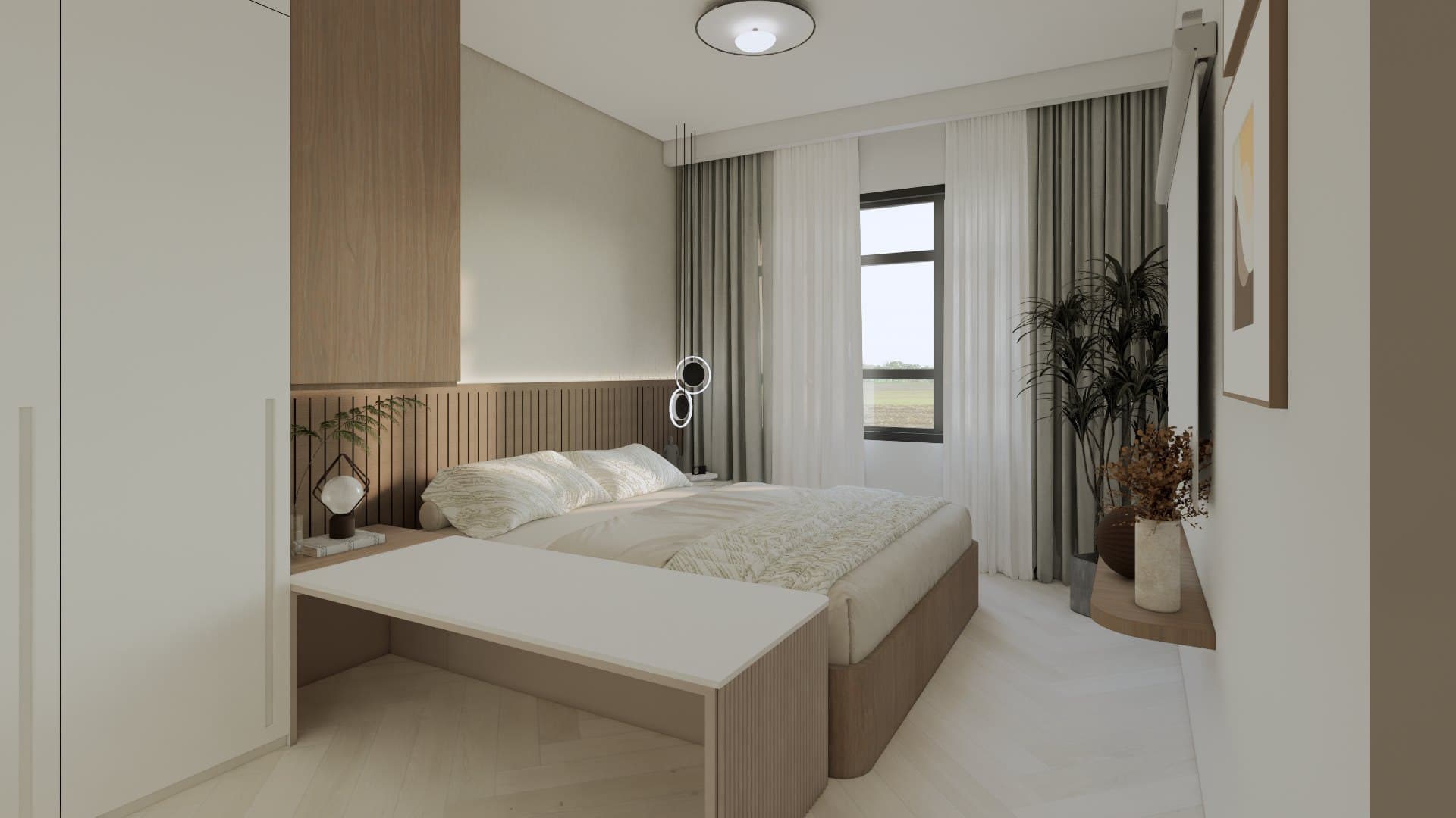 A main bedroom dressed in warm oak joinery and tonal upholstery, with concealed wardrobe panels and bedside lighting.