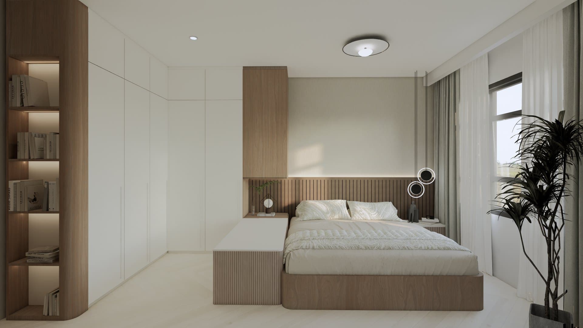 A main bedroom dressed in warm oak joinery and tonal upholstery, with concealed wardrobe panels and bedside lighting.