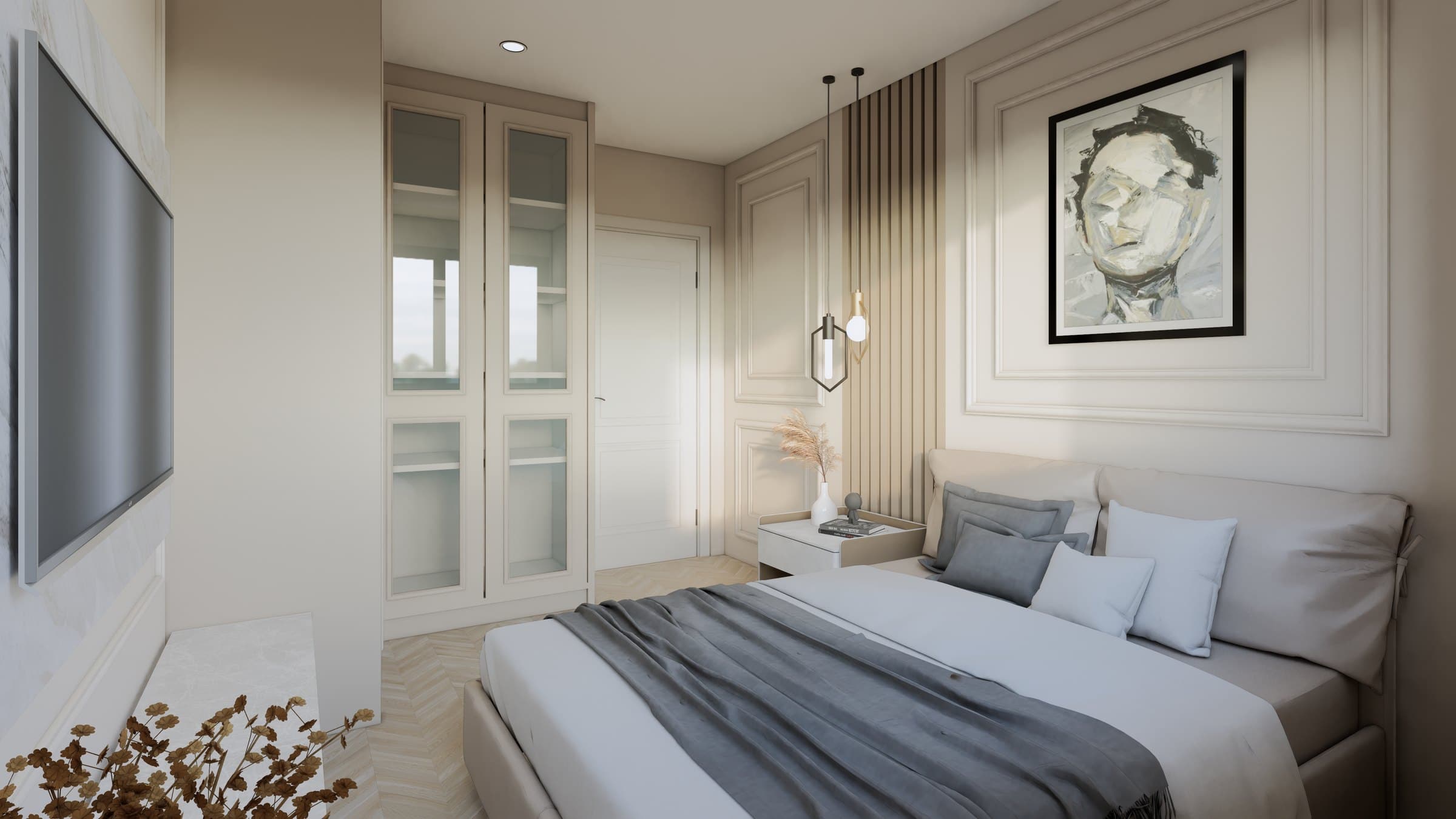 A bedroom in a calm tonal palette, dressed with a platform bed, built-in wardrobe and quiet bedside styling.