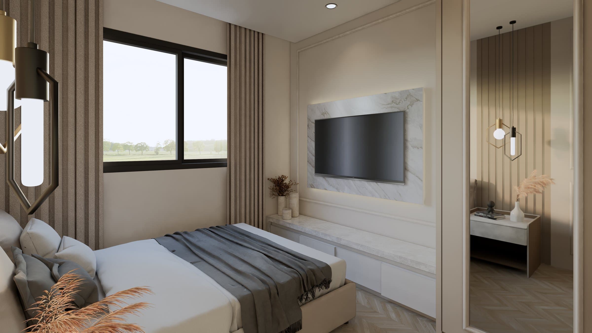 A bedroom in a calm tonal palette, dressed with a platform bed, built-in wardrobe and quiet bedside styling.