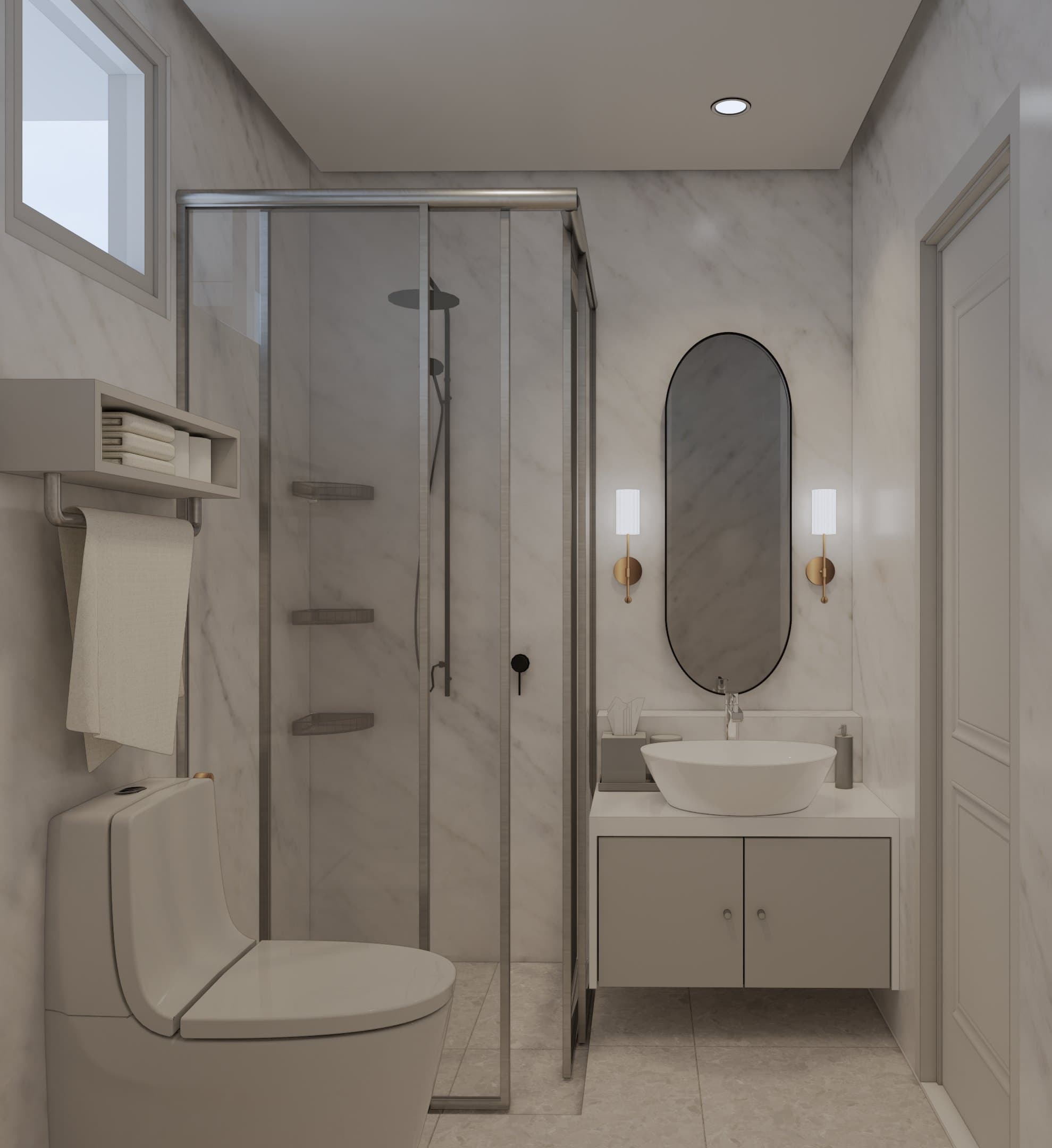 A common bathroom in tonal tile, with a wall-mounted vanity, glass shower screen and warm pendant lighting.