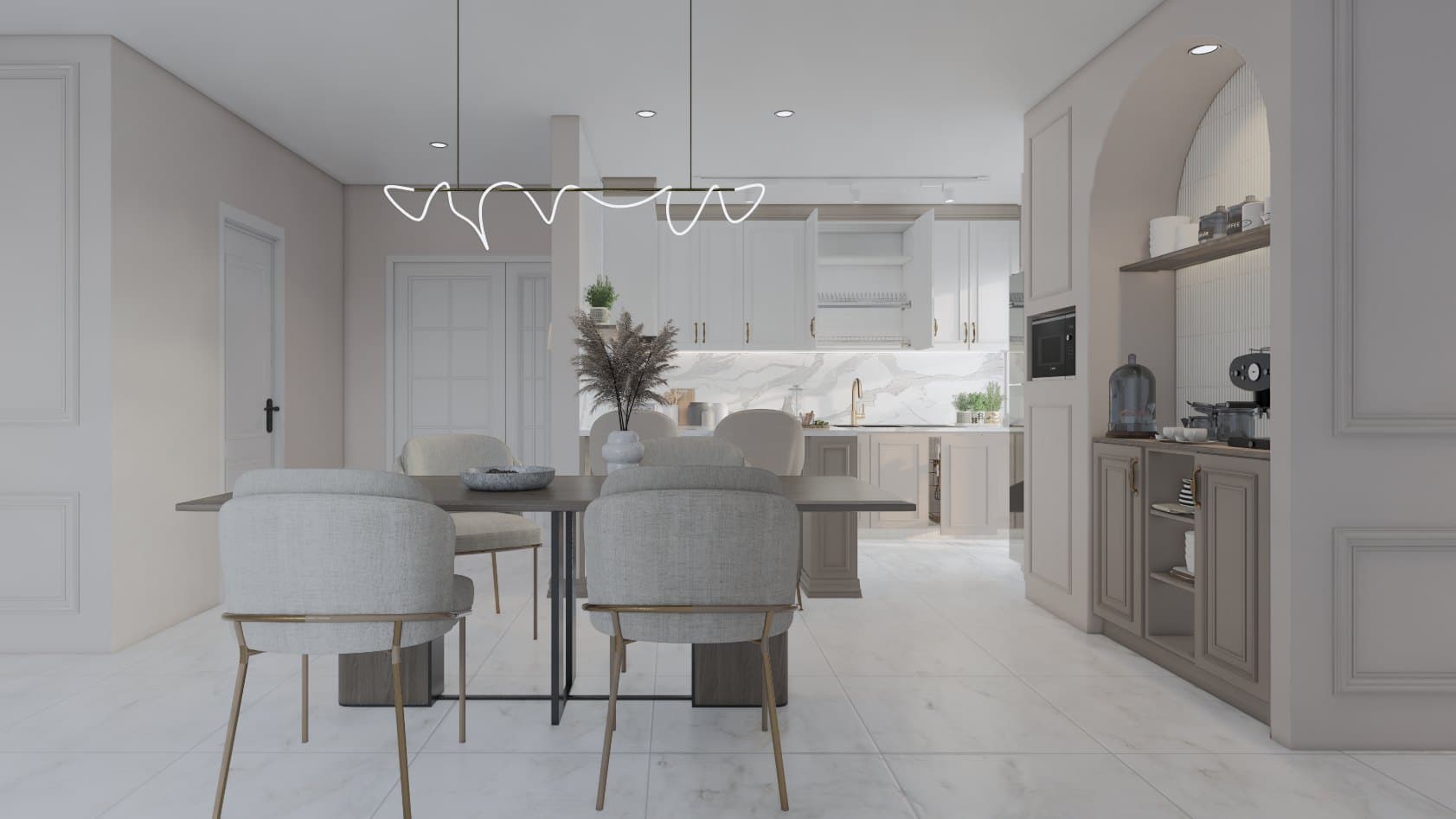 A kitchen-and-dining room sharing a single open volume, with quartz counters and warm pendant lighting overhead.