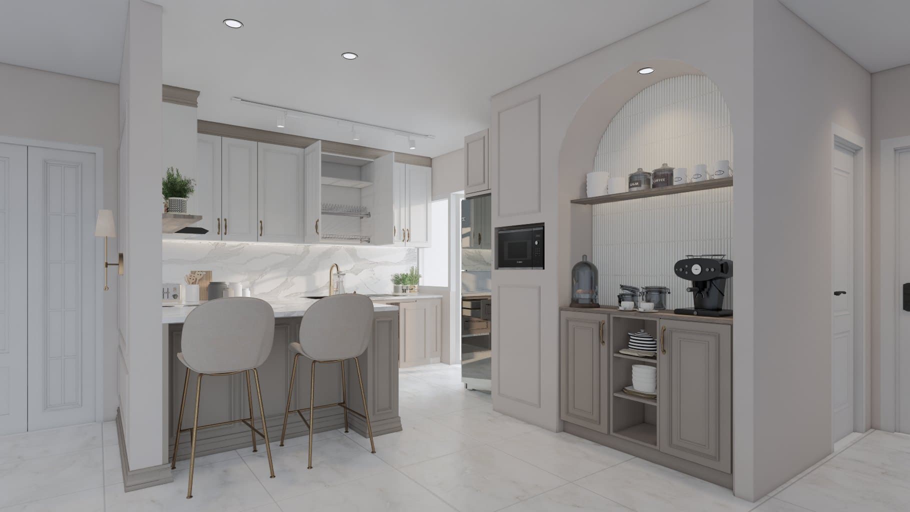A kitchen-and-dining room sharing a single open volume, with quartz counters and warm pendant lighting overhead.