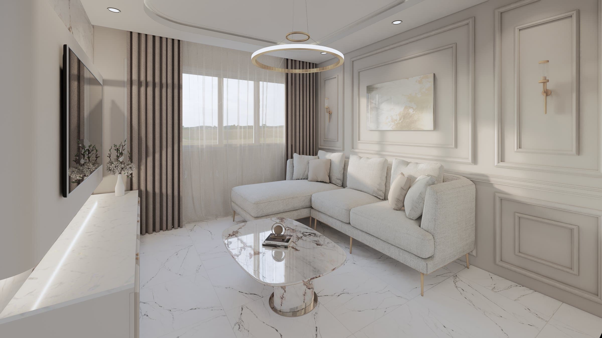 A living room arranged around a sectional sofa and feature TV wall, with cove lighting and tonal styling.