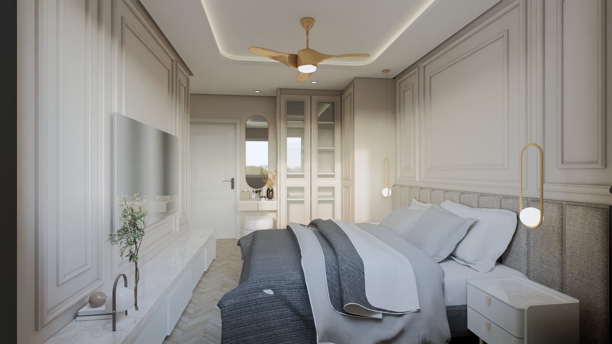 A main bedroom dressed in warm oak joinery and tonal upholstery, with concealed wardrobe panels and bedside lighting.