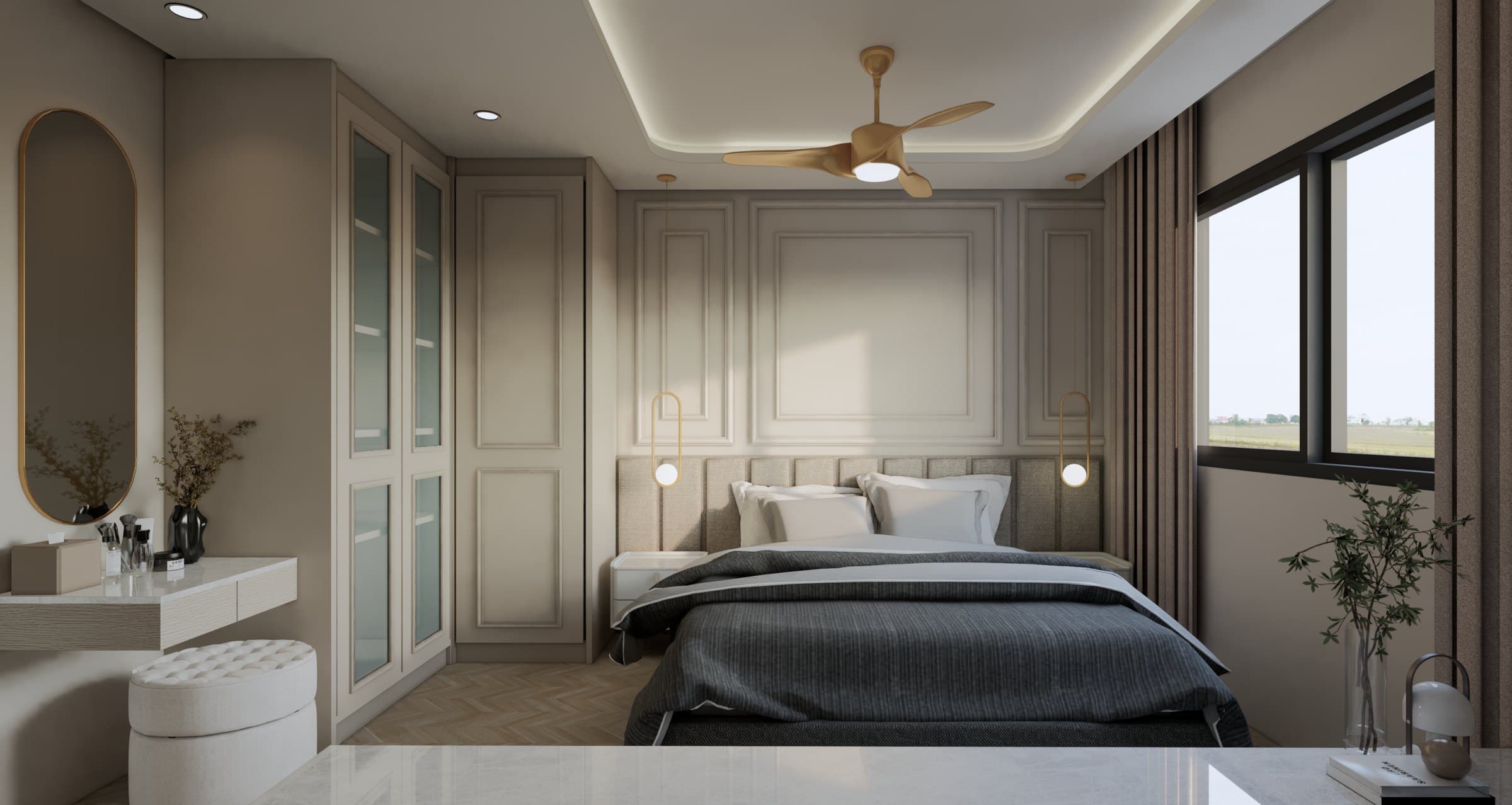 A main bedroom dressed in warm oak joinery and tonal upholstery, with concealed wardrobe panels and bedside lighting.
