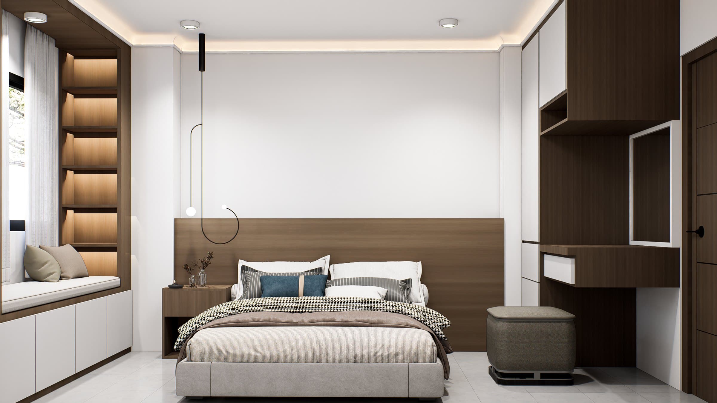 A bedroom in a calm tonal palette, dressed with a platform bed, built-in wardrobe and quiet bedside styling.