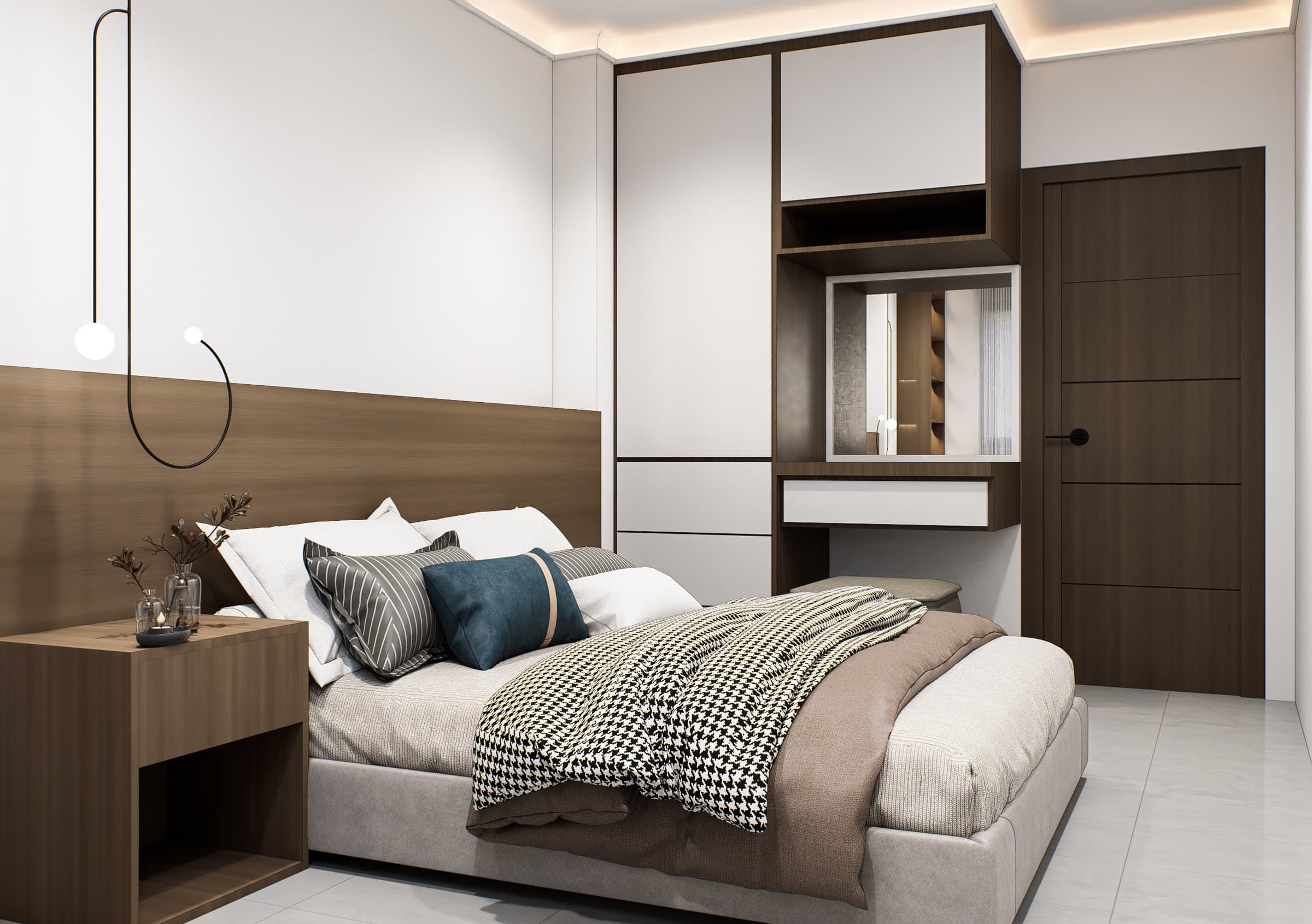 A bedroom in a calm tonal palette, dressed with a platform bed, built-in wardrobe and quiet bedside styling.