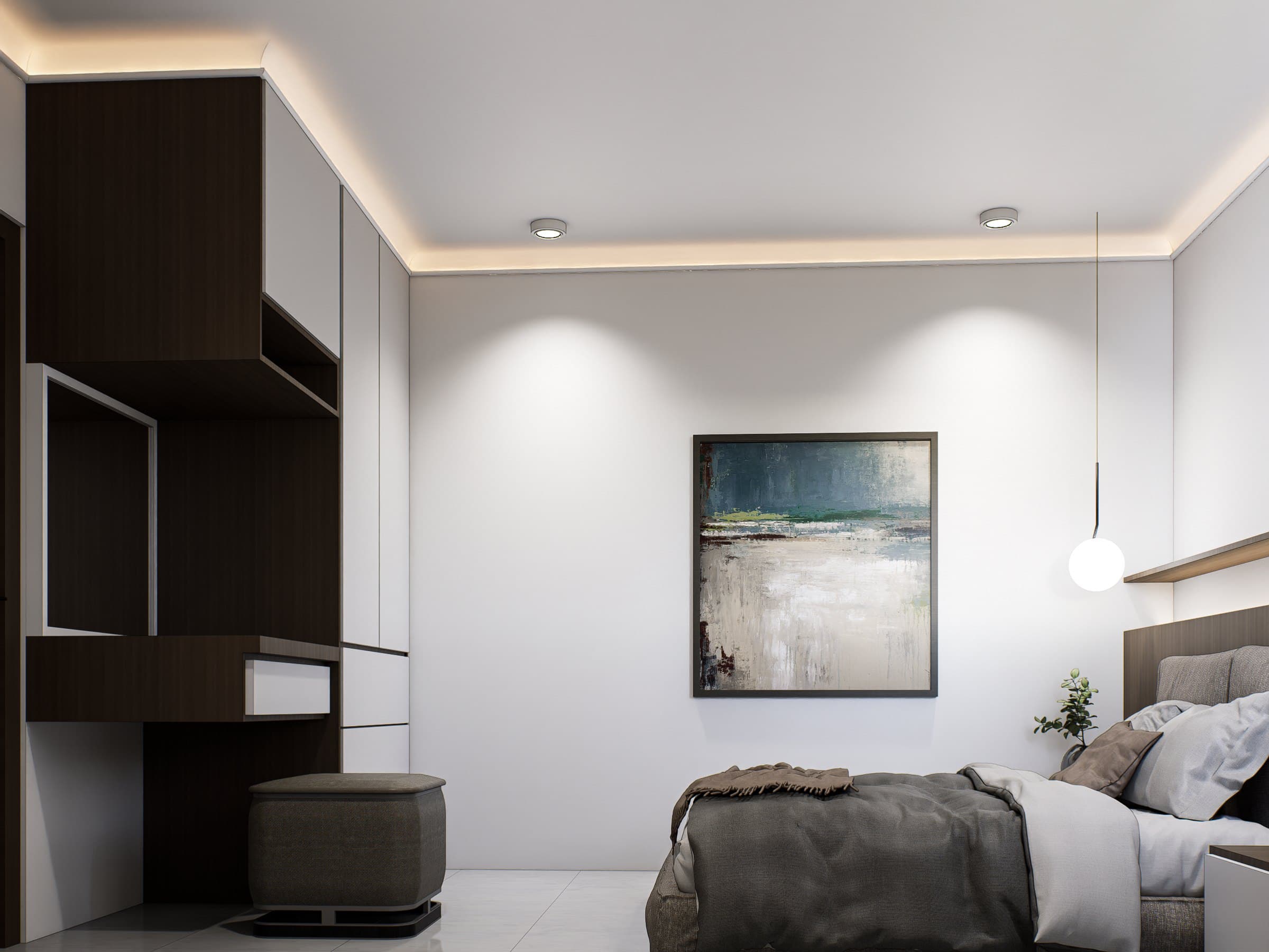 A bedroom in a calm tonal palette, dressed with a platform bed, built-in wardrobe and quiet bedside styling.