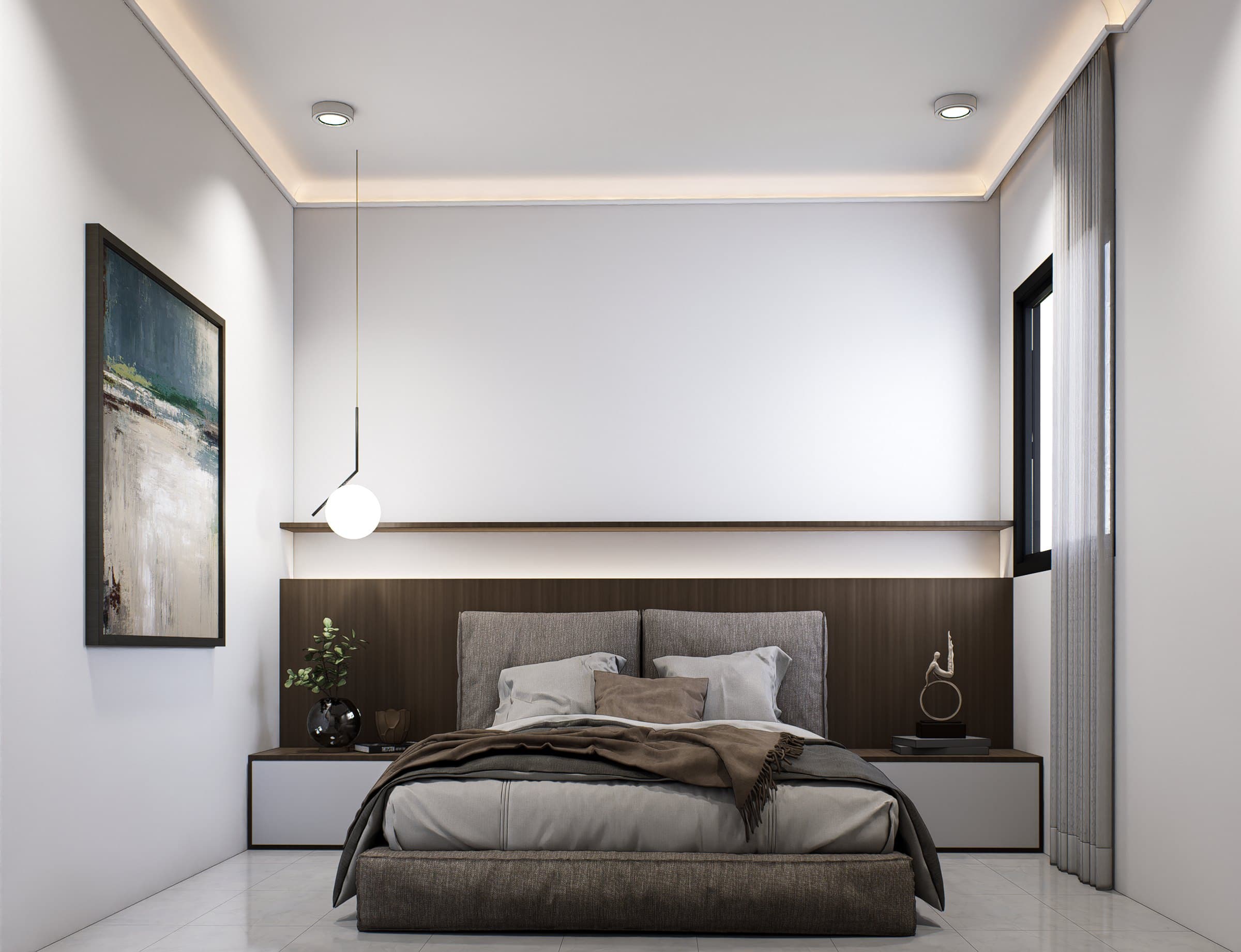 A bedroom in a calm tonal palette, dressed with a platform bed, built-in wardrobe and quiet bedside styling.