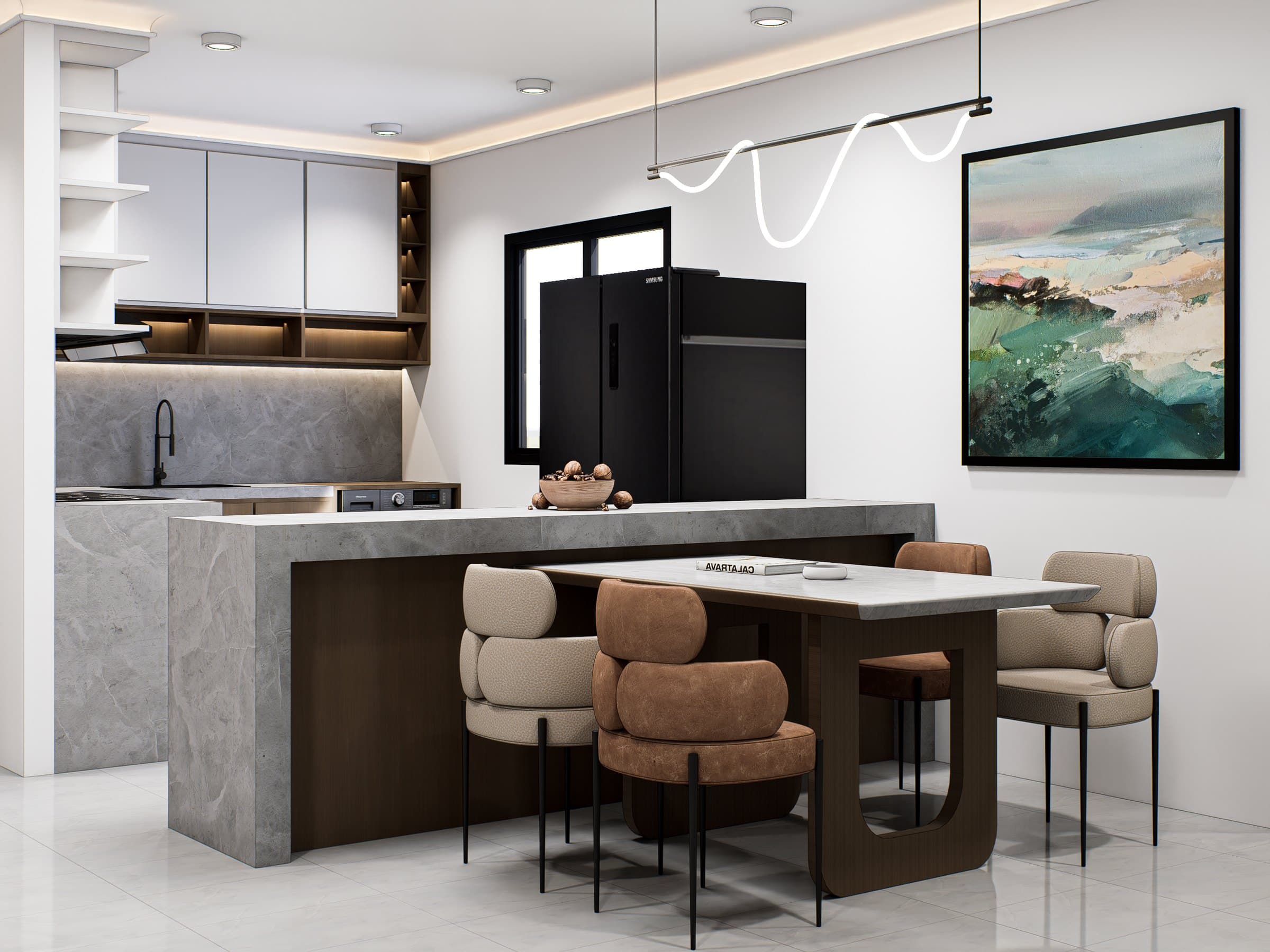 A dining setting under a sculptural pendant, anchored by an oak table and tonal seating.