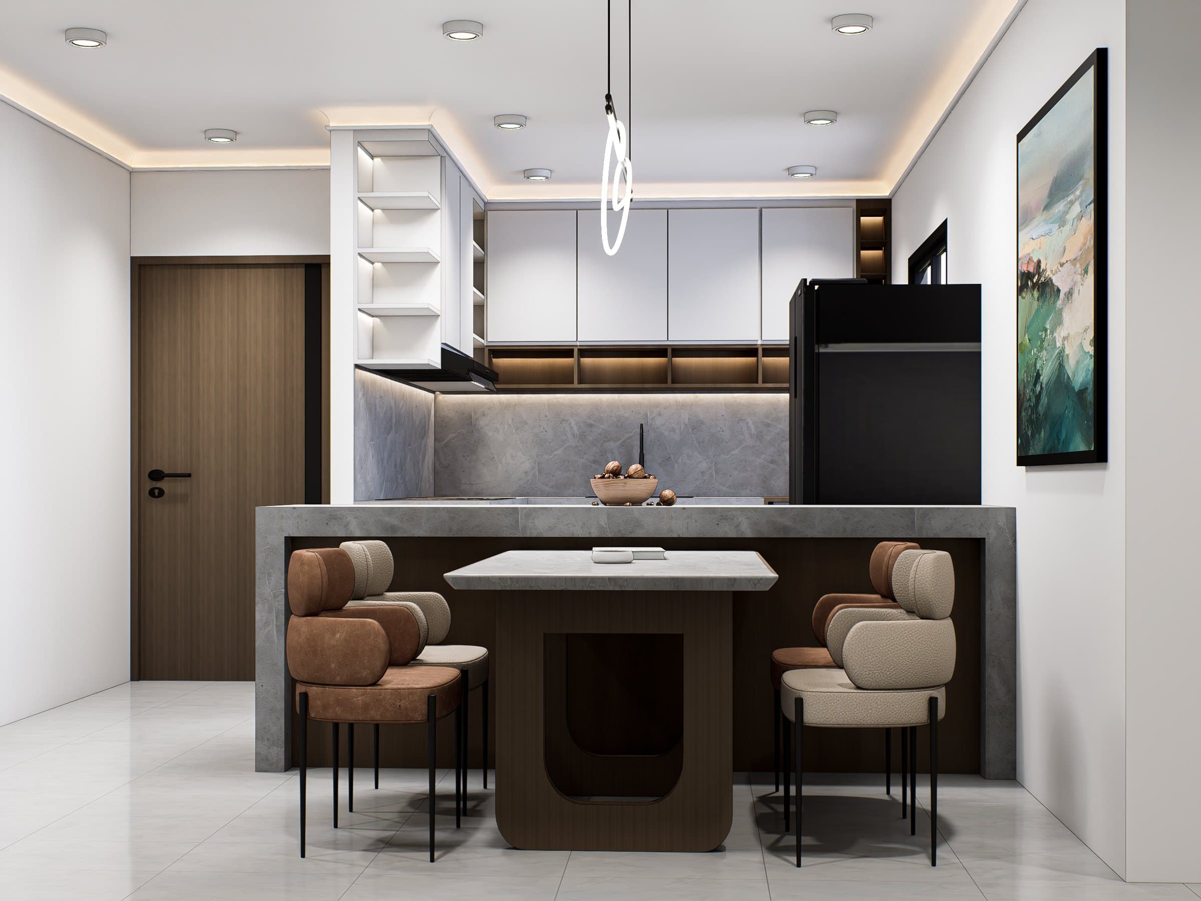 A dining setting under a sculptural pendant, anchored by an oak table and tonal seating.